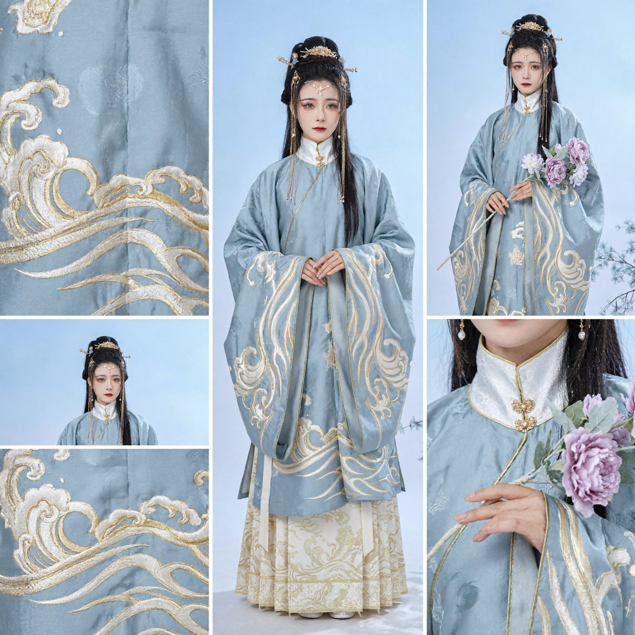 Elegancki niebieski zestaw Hanfu z dynastii Ming ze złotym haftem w chmury – tradycyjny chiński strój dla kobiet - Asian Costume
