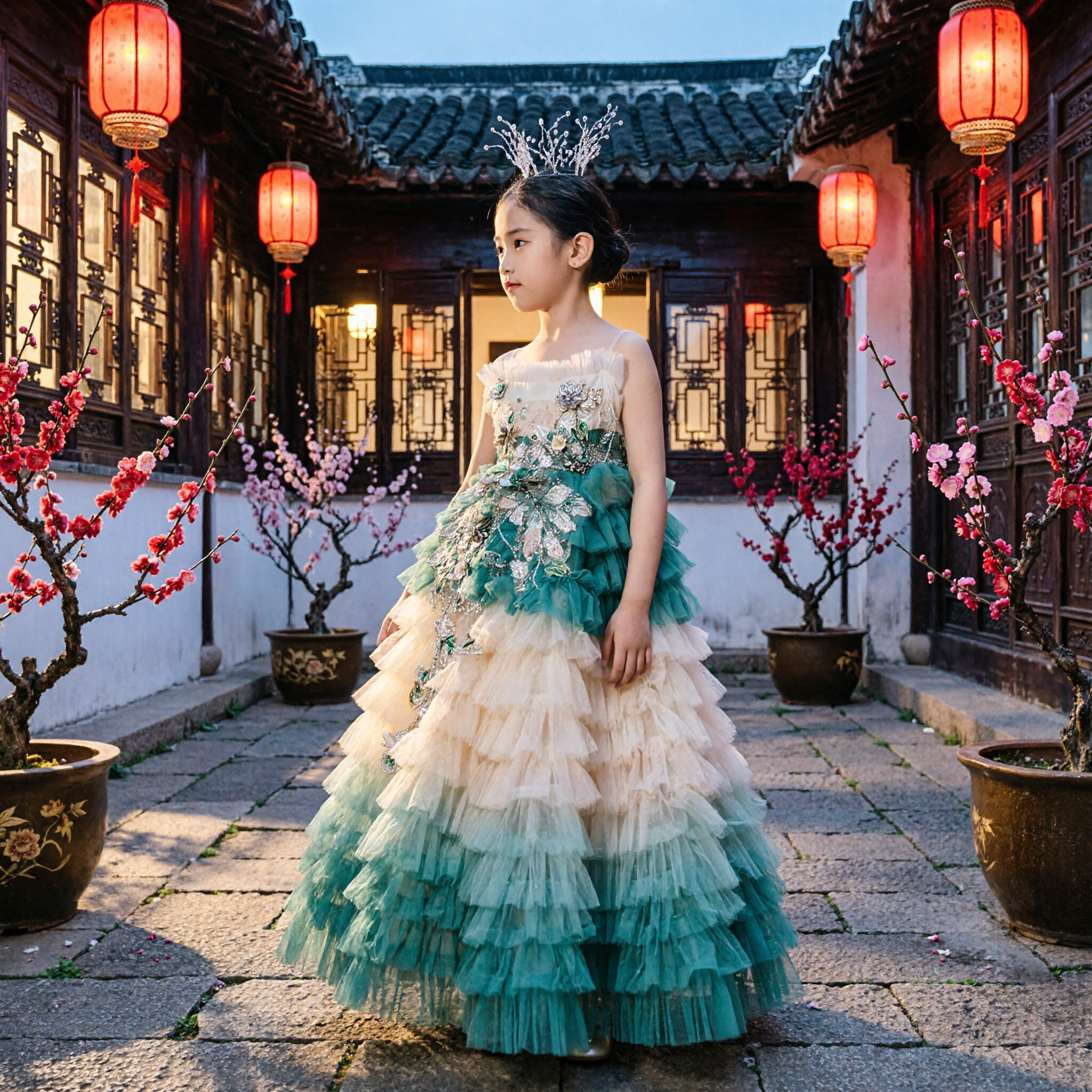 Luxe Meisjes Prinsessen Gala met Turquoise Roffels en Kristal Bloemen Borduursel voor Podiumoptreden en Schoonheidswedstrijd - Asian Costume