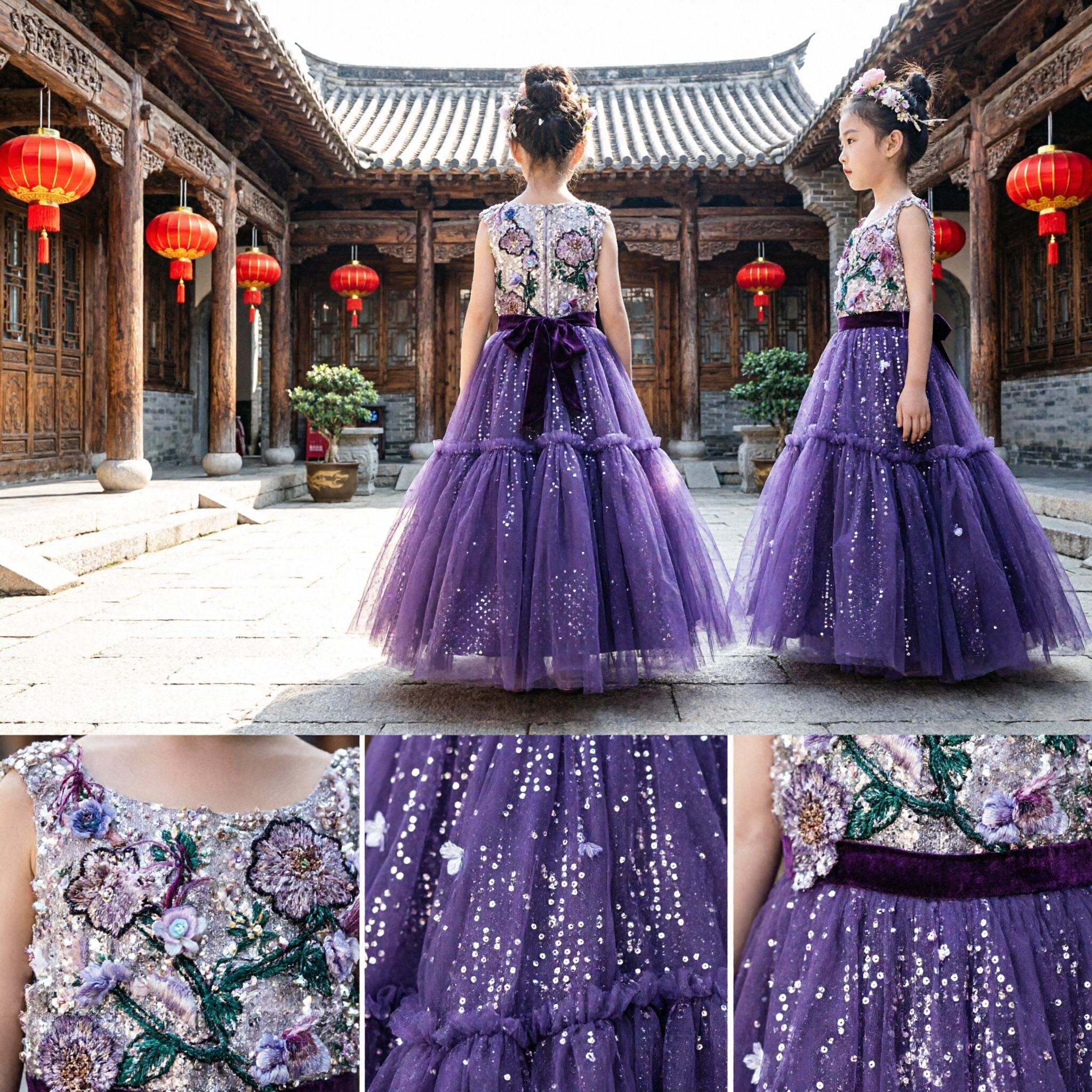 Vestido de Princesa Púrpura para Niñas, Corpiño Floral con Lentejuelas y Falda de Tul Brillante para Bodas y Concursos - Asian Costume