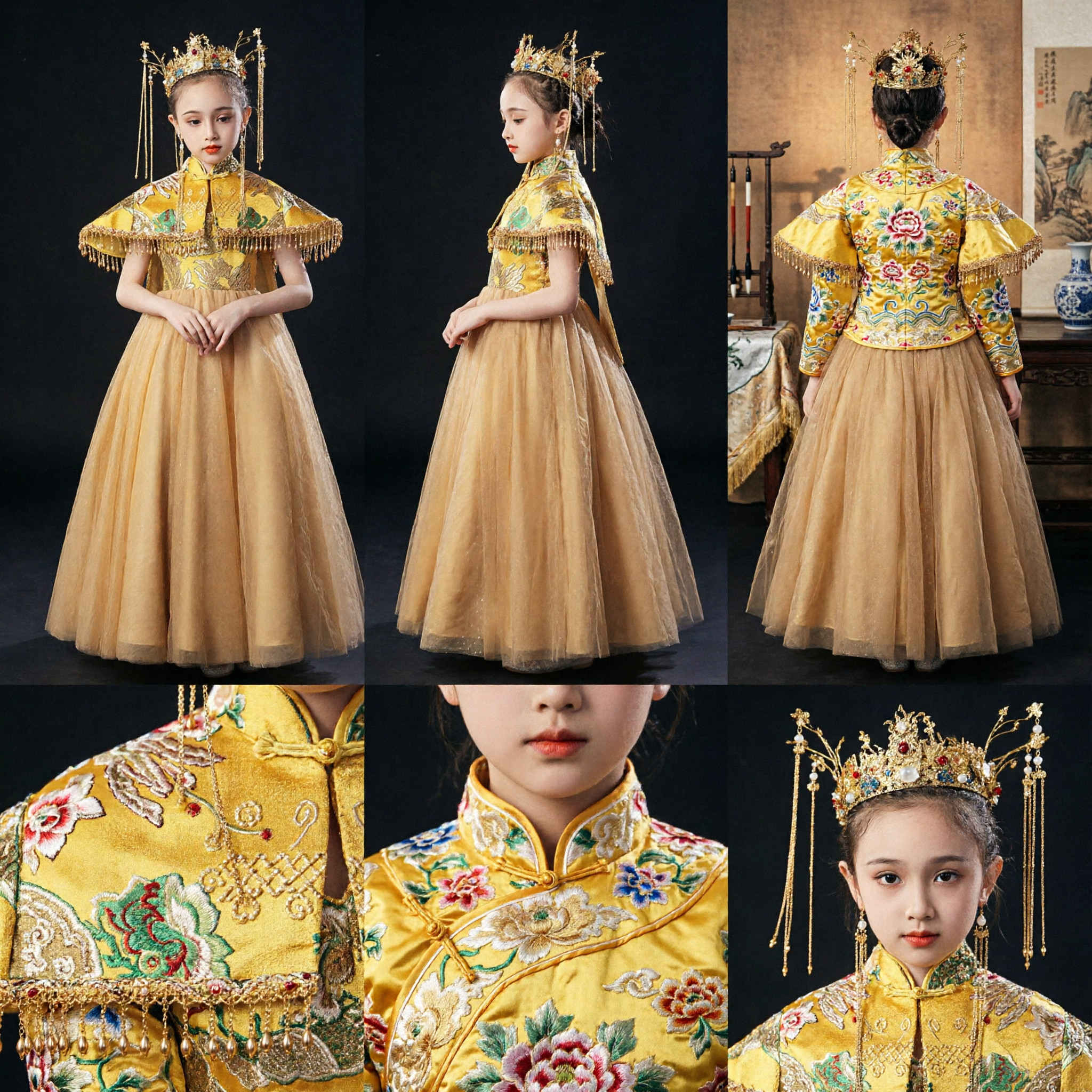 Costume d'impératrice traditionnelle chinoise pour enfants, robe de princesse de palais ancienne jaune avec couronne pour spectacle des filles - Asian Costume