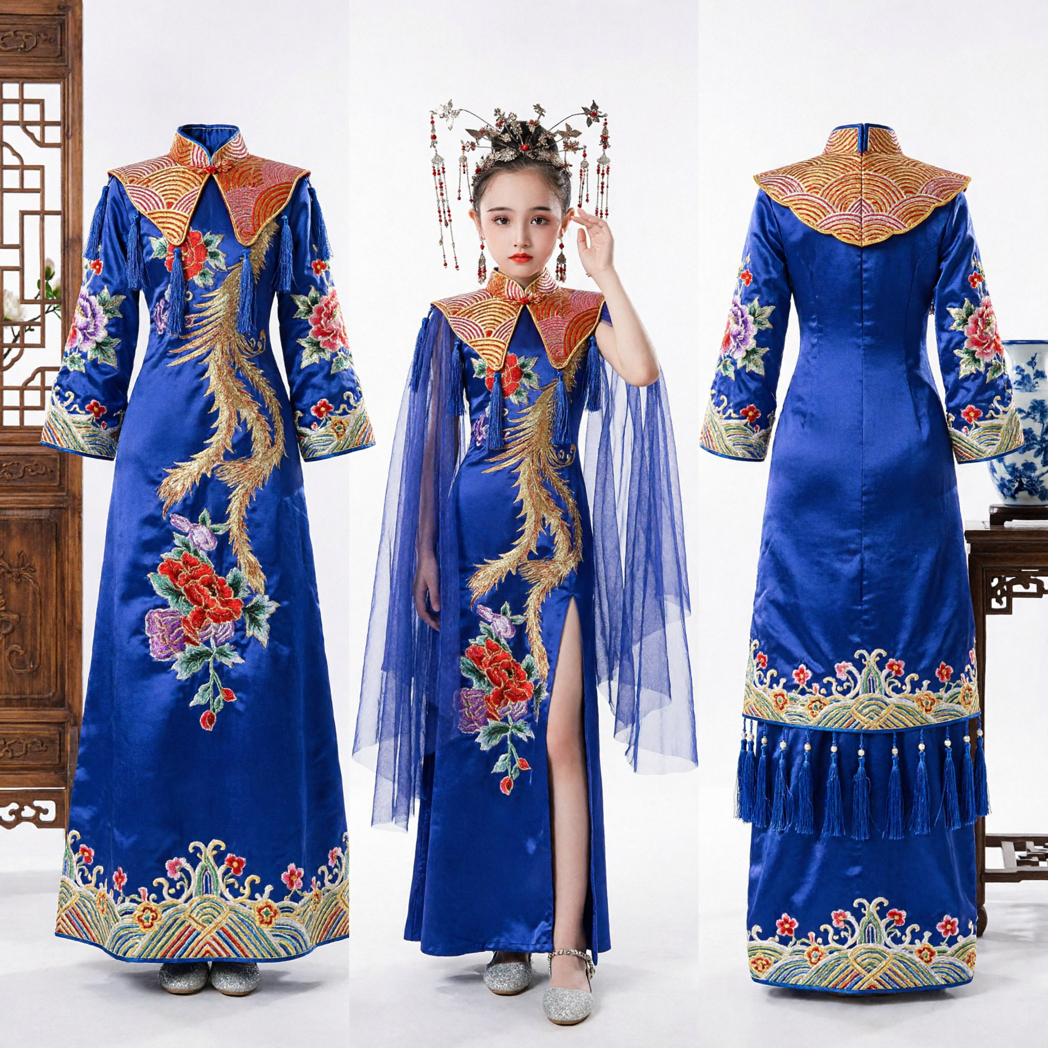 Meisjes Koninklijk Blauw Traditionele Chinese Cheongsam Jurken met Feniks Borduursel en Tule Cape voor Podiumoptreden - Asian Costume