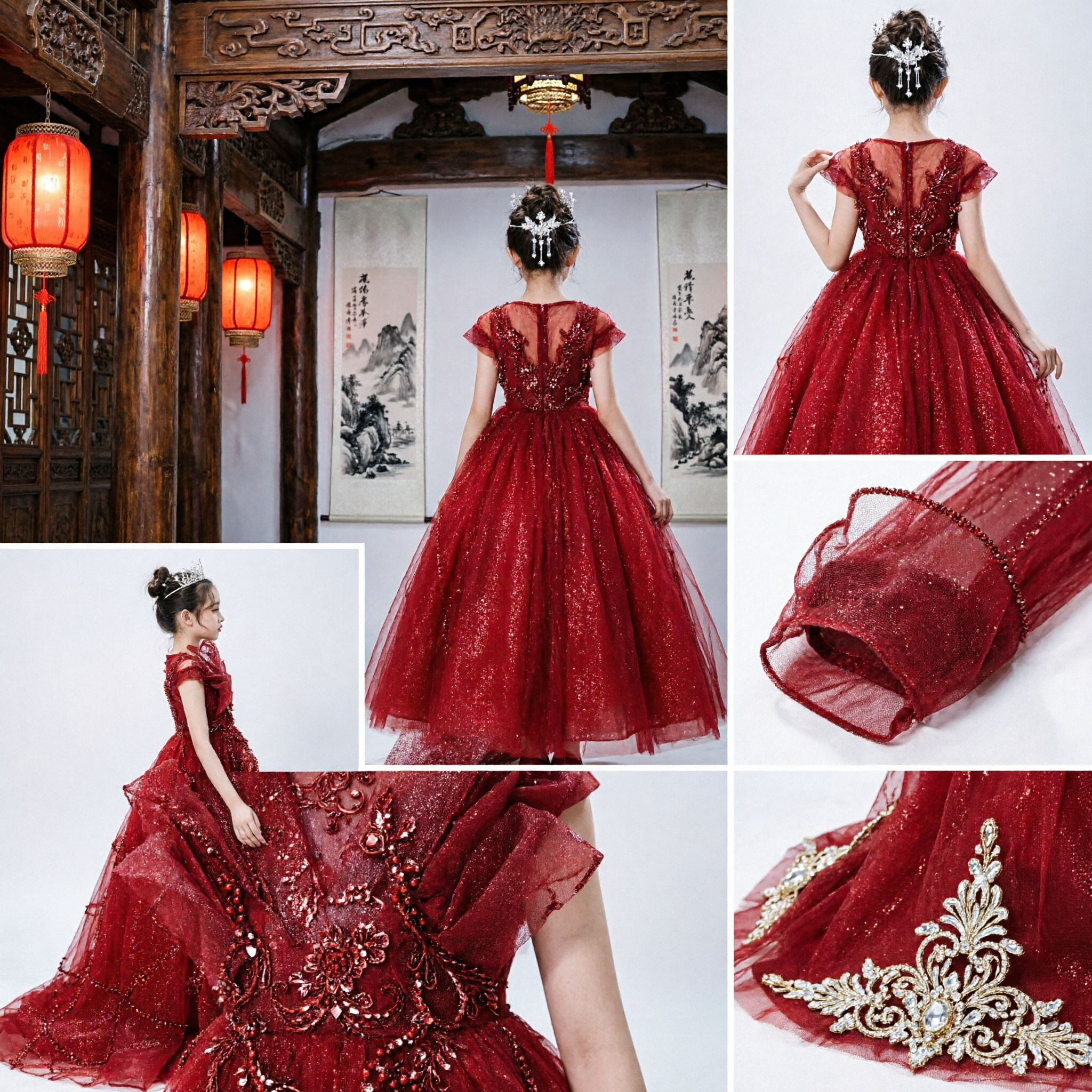 Elegantes rotes Pailletten-Langkleid für Mädchen, formelles Hochzeits-, Party- und Schönheitswettbewerbs-Prinzessinnenkleid - Asian Costume