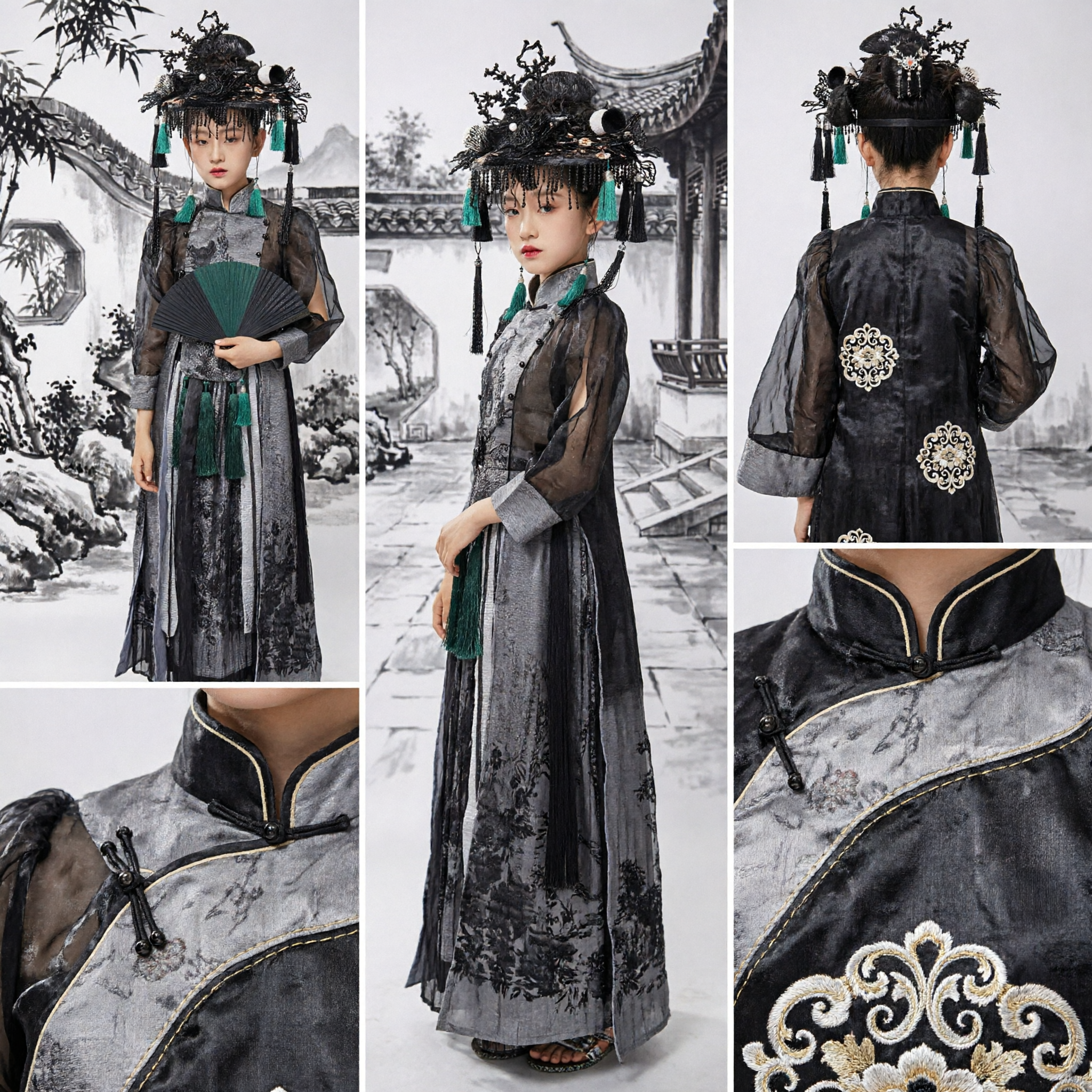 Traditionelles chinesisches schwarzes Hanfu-Kostüm für Mädchen, antikes Wuxia-Schwertkämpferinnen-Outfit, Kinder-Aufführungskleidung - Asian Costume