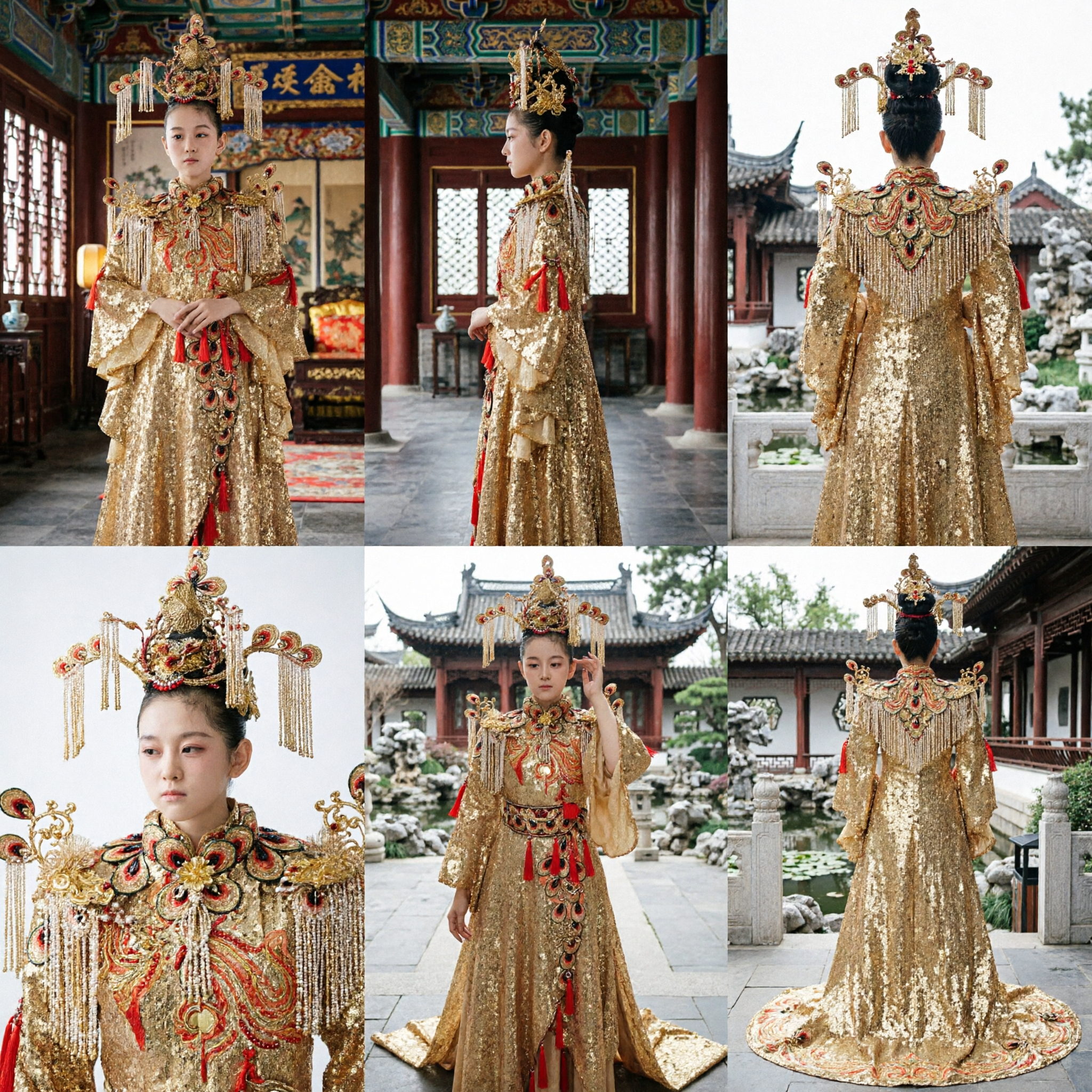 Traditioneel Chinese Oude Keizerin Kostuum voor Meisjes Gouden Pailletten Prinsessenjurk met Hoofdtooi voor Podiumoptreden - Asian Costume