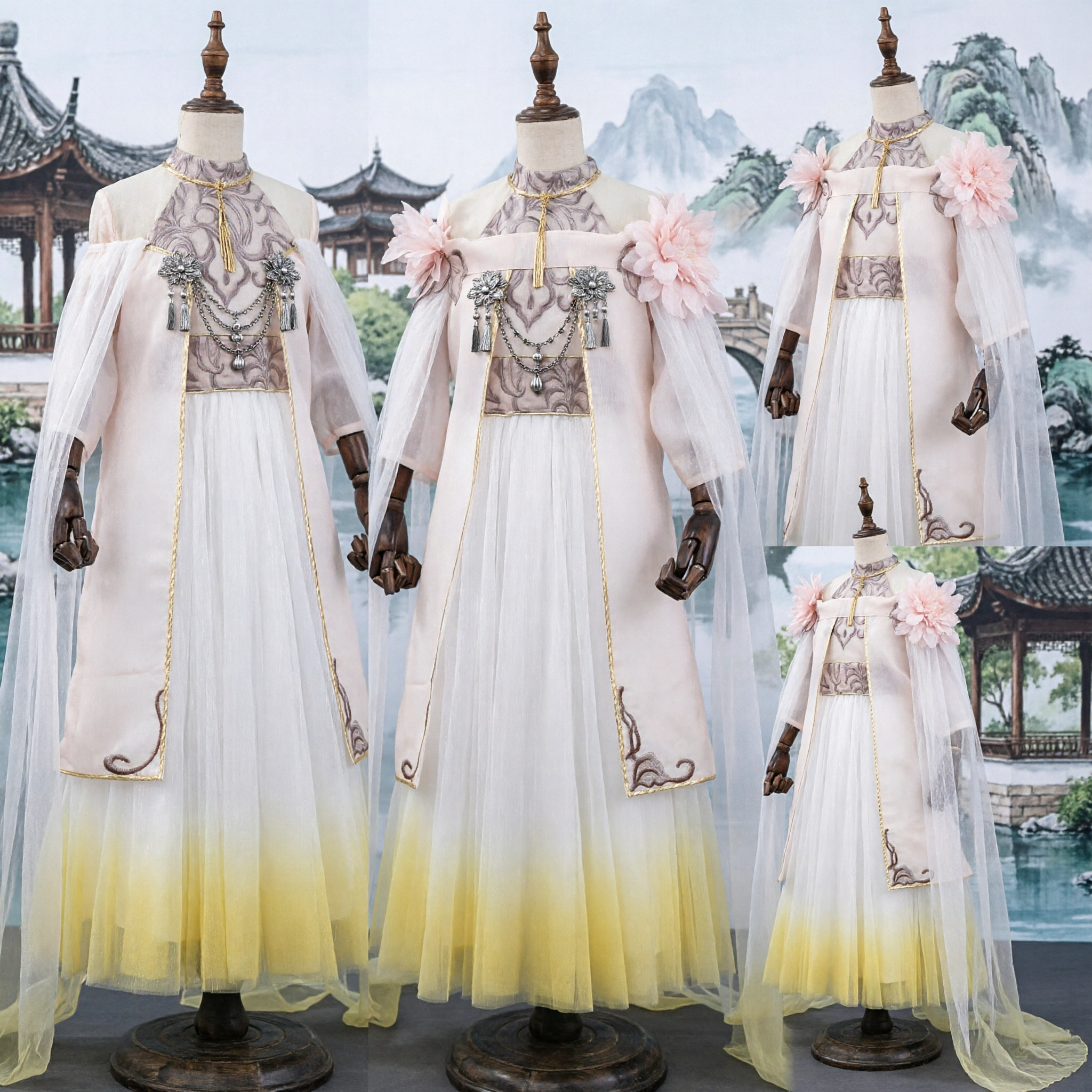 Chinese Traditional Hanfu Ancient Fairy Costume Women Xianxia Cosplay Dress with Pink Flowers and Gradient Skirt - Asian Costume