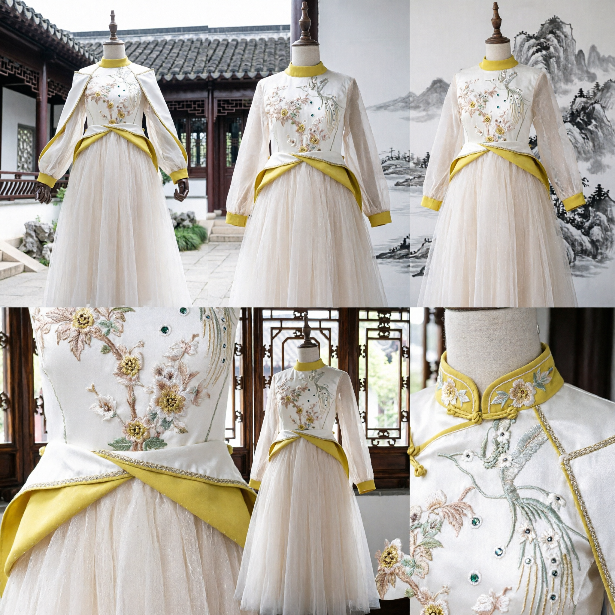 Elegante Vestido de Manga Larga con Bordado Floral Blanco y Amarillo y Falda de Tul para Actuación Tradicional China en el Escenario para Mujeres - Asian Costume