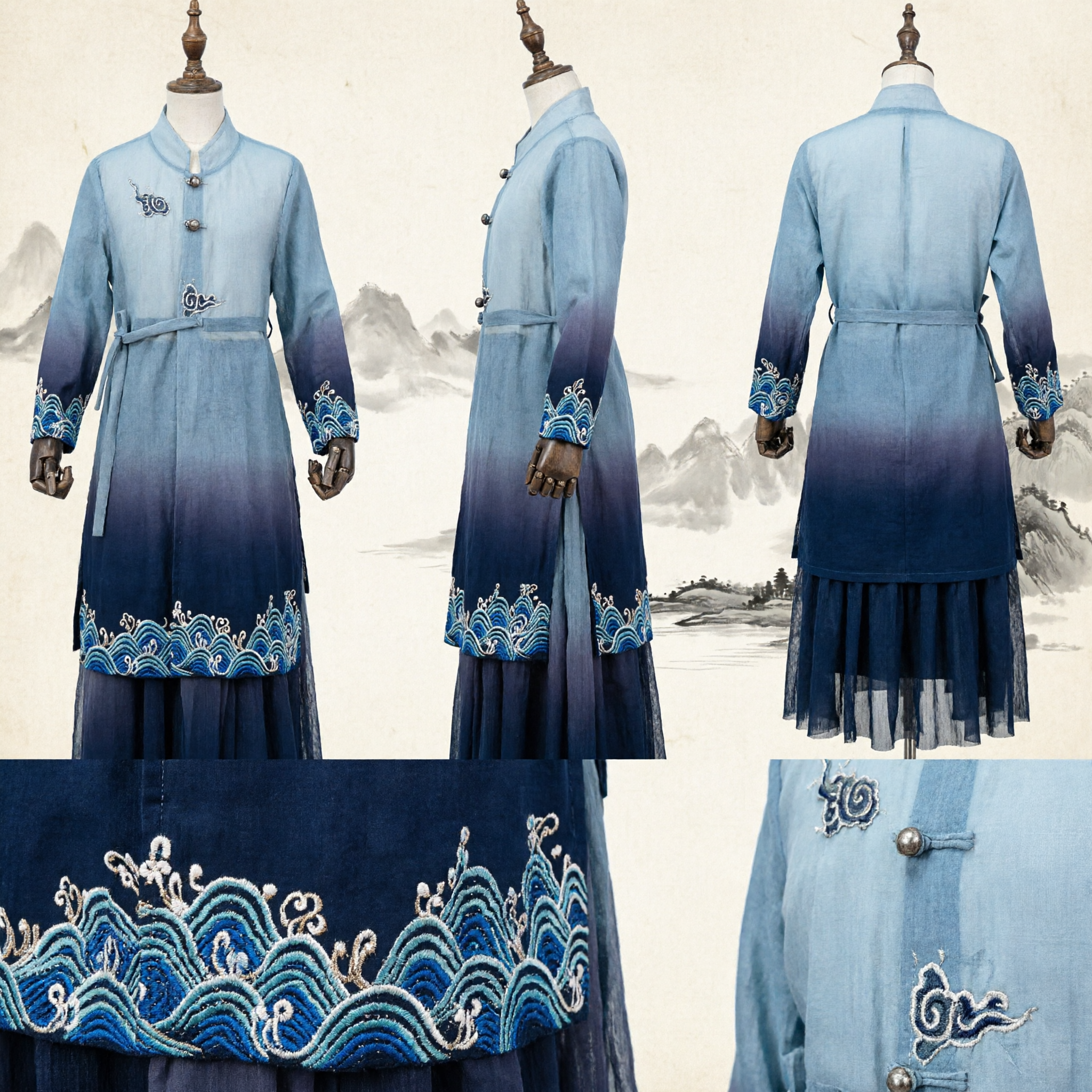 زي العالم الصيني التقليدي القديم من الهانفو للرجال، رداء محارب ووشيا أزرق متدرج بتطريز للزي التنكري - Asian Costume