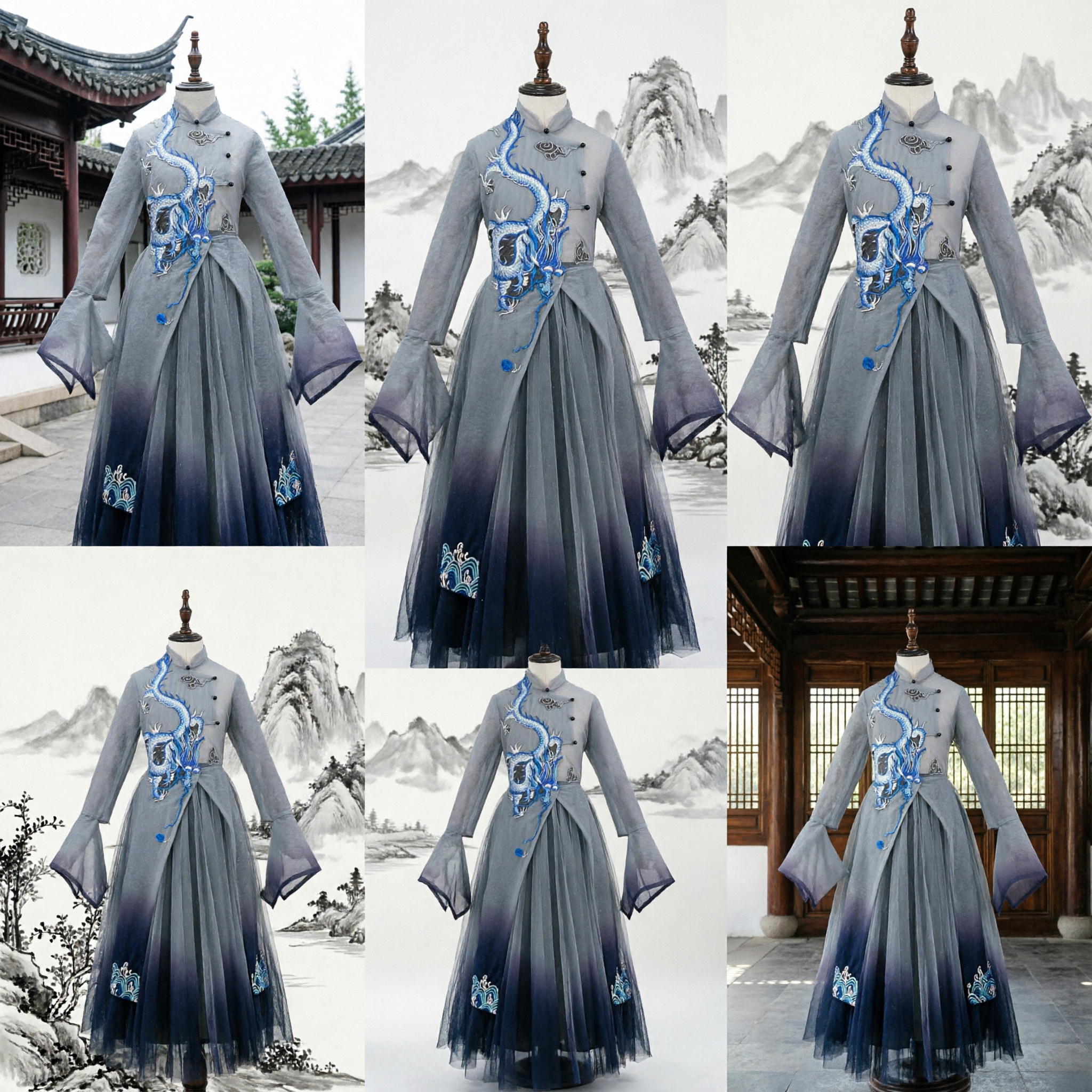 Herren-Chinesisches traditionelles Hanfu, antikes Schwertkämpfer-Kostüm, blauer Farbverlauf, Drachenstickerei-Gewand, Wuxia-Cosplay-Outfit - Asian Costume