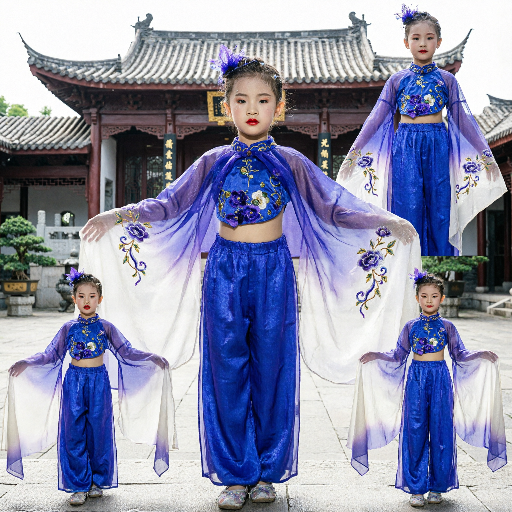 Costume da Danza Folkloristica Cinese Blu per Bambine con Mantello Sfumato e Top Ricamato per Spettacoli - Asian Costume
