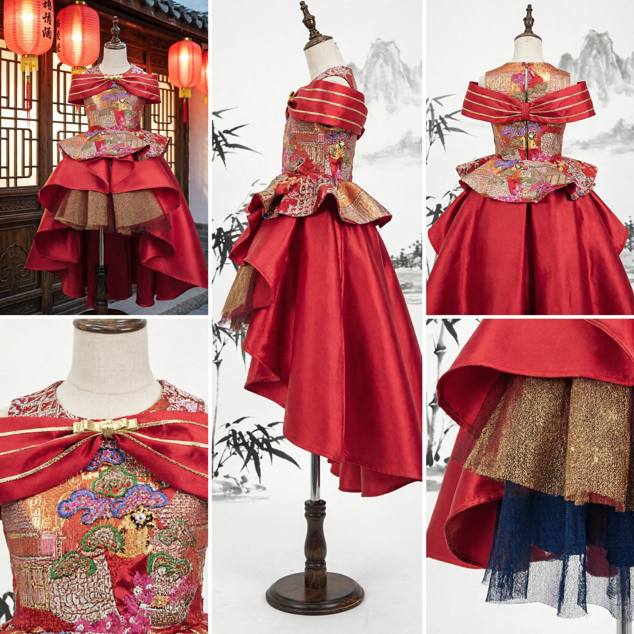 Girls Traditional Chinese Red Dress Embroidered Peplum Gown Formal Costume for Wedding Party and New Year - Asian Costume