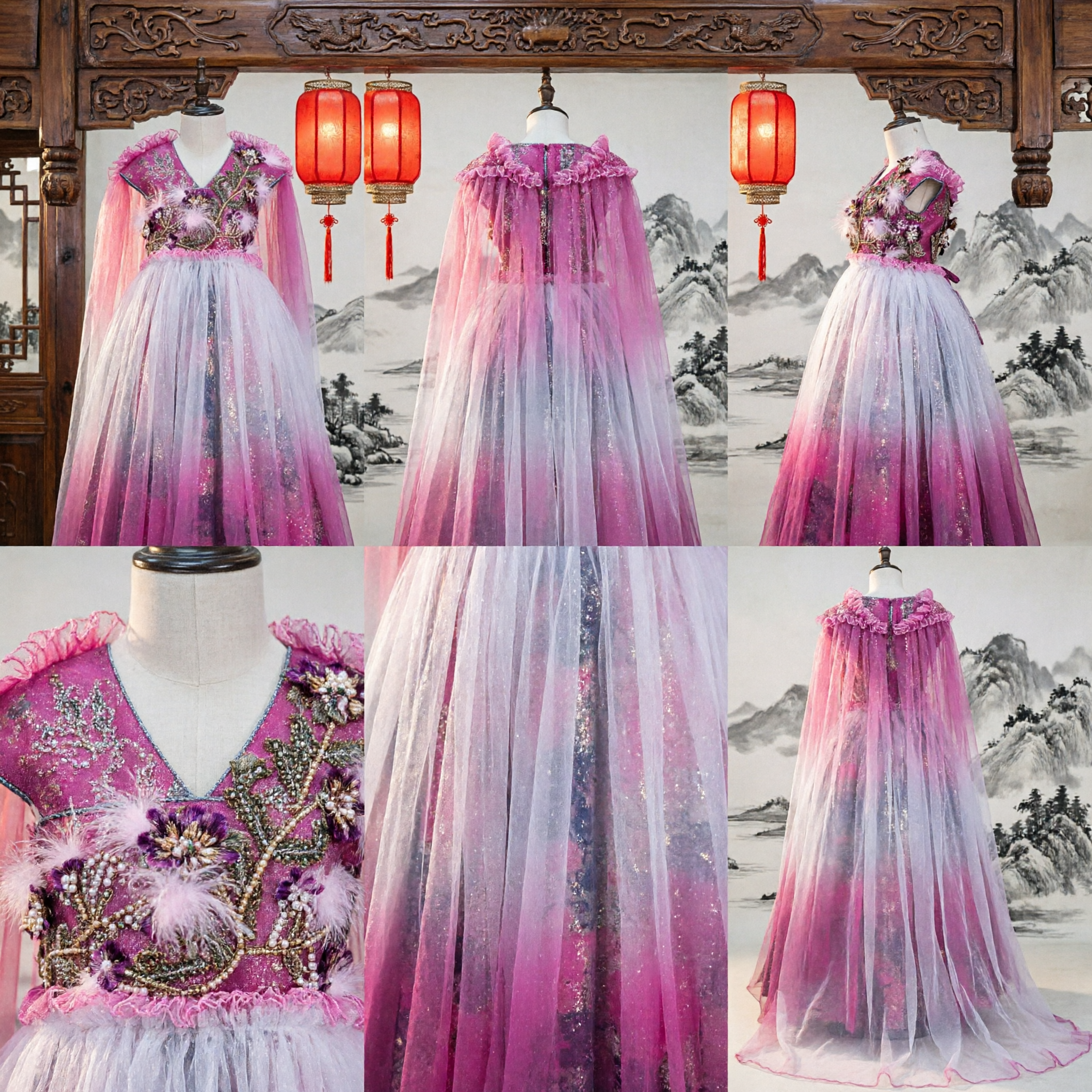 Robe cape élégante rose dégradée brodée avec plumes, costume traditionnel chinois pour spectacle sur scène des femmes - Asian Costume