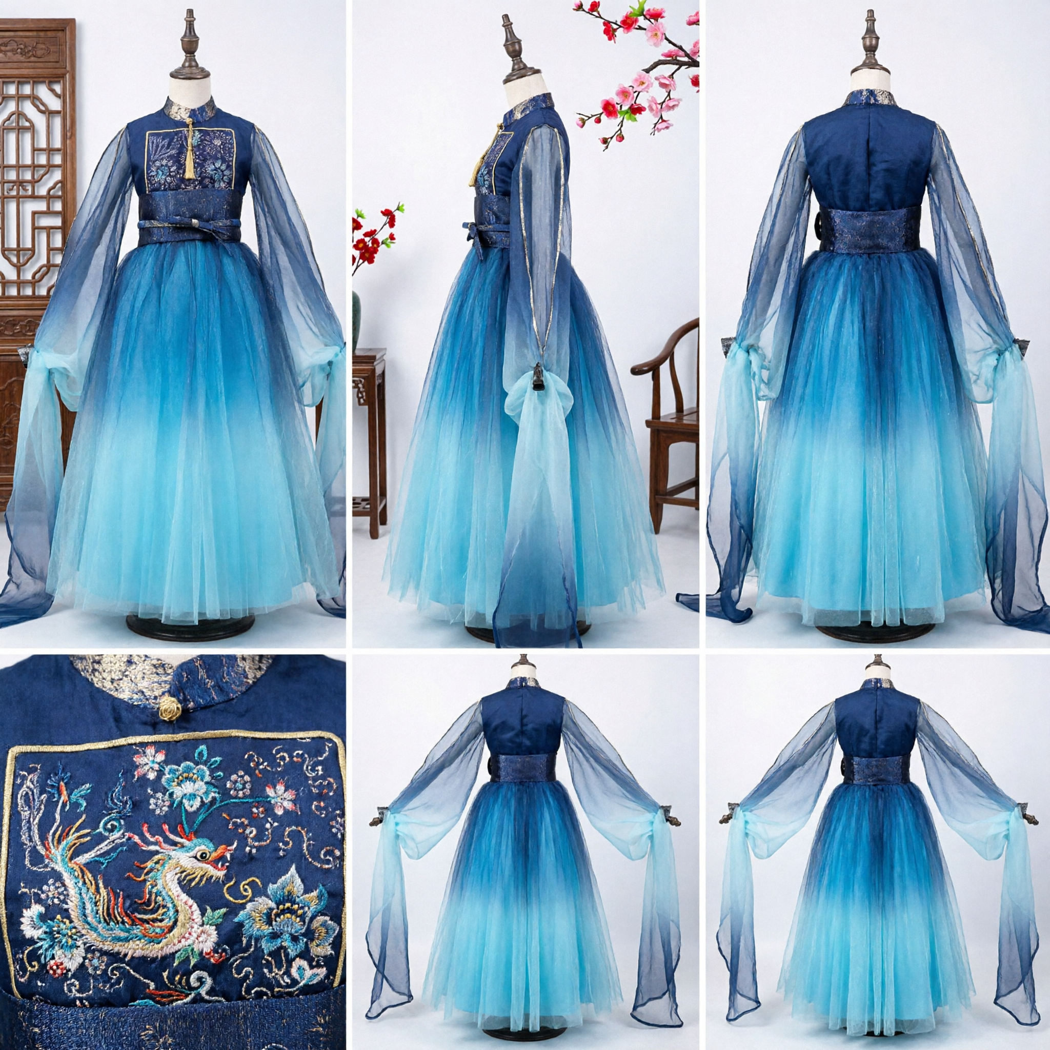Traditionelles chinesisches Hanfu, blauer Farbverlauf antikes Kostüm, besticktes Feenkleid für Frauen-Cosplay-Aufführungen - Asian Costume