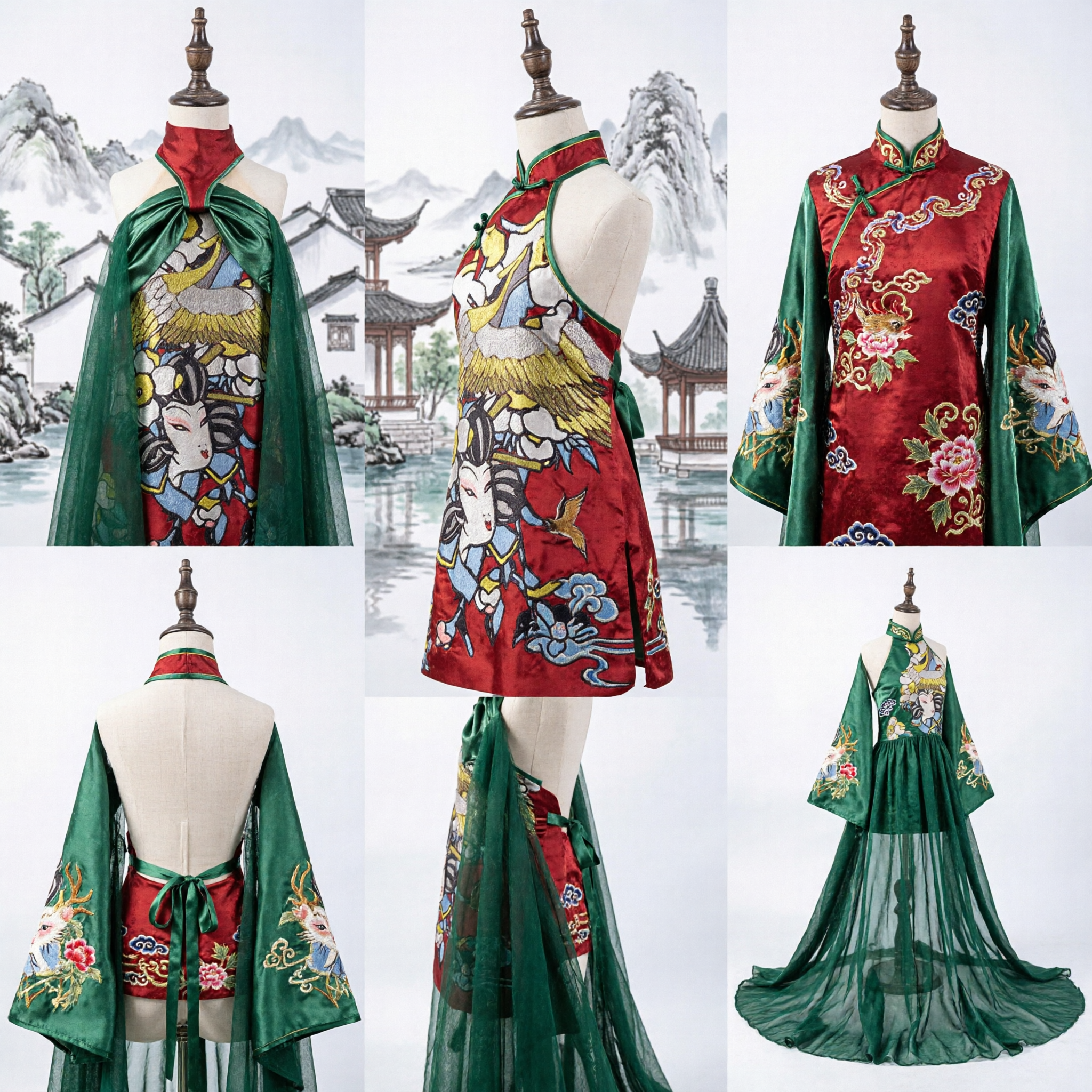 Elegantes traditionelles chinesisches Qipao-Kleid mit grünem durchsichtigem Umhang und klassischem Kranichdruck für Frauen - Asian Costume