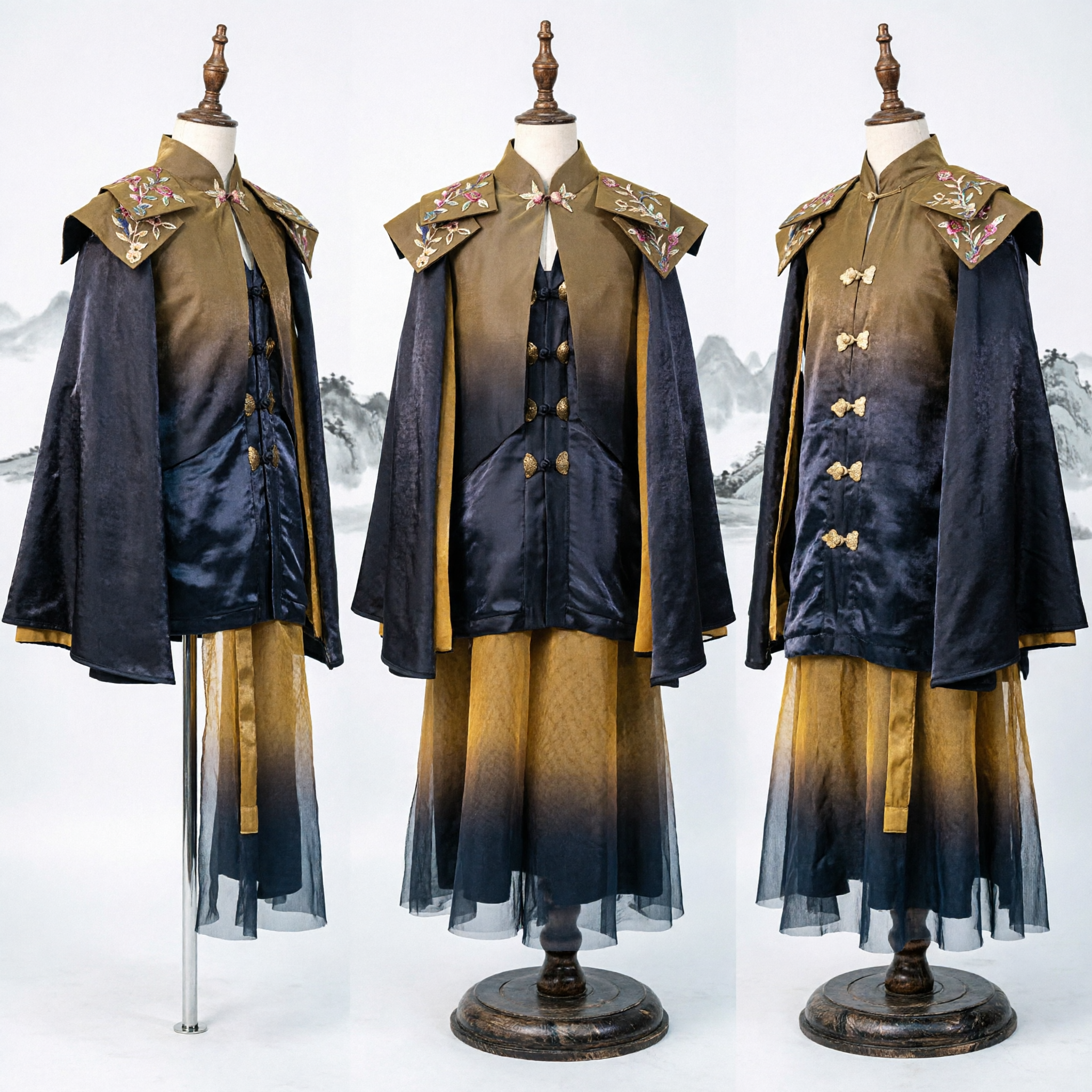 Costume d'épéiste Wuxia pour hommes ancien chinois, ensemble Hanfu traditionnel avec cape dégradée brodée pour cosplay et spectacle - Asian Costume