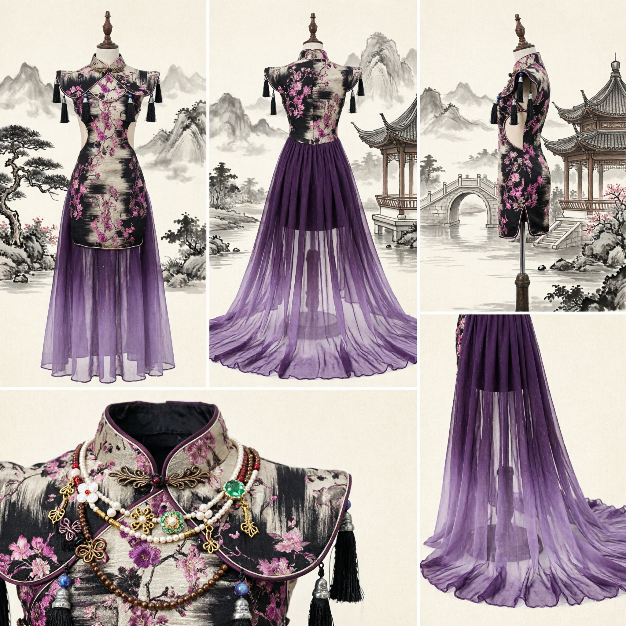 Elegantes chinesisches floral bedrucktes Cheongsam-Hochzeitskleid mit lila Tüllschleppe und Quasten für Brautauftritte - Asian Costume