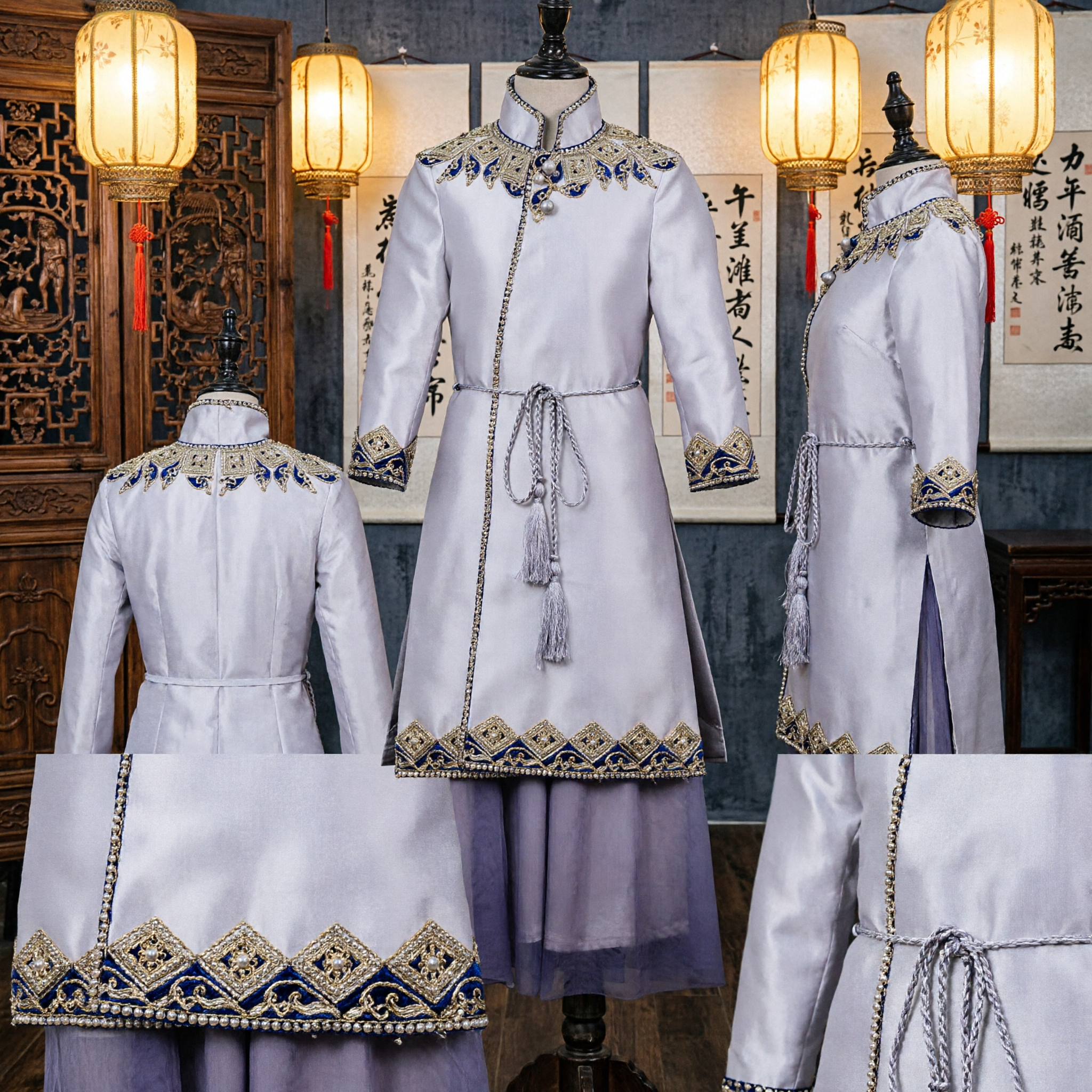 Elegantes weißes traditionelles chinesisches Tanzkostüm im mongolischen Stil für Damen mit besticktem langem Gewand für Bühnenauftritte - Asian Costume