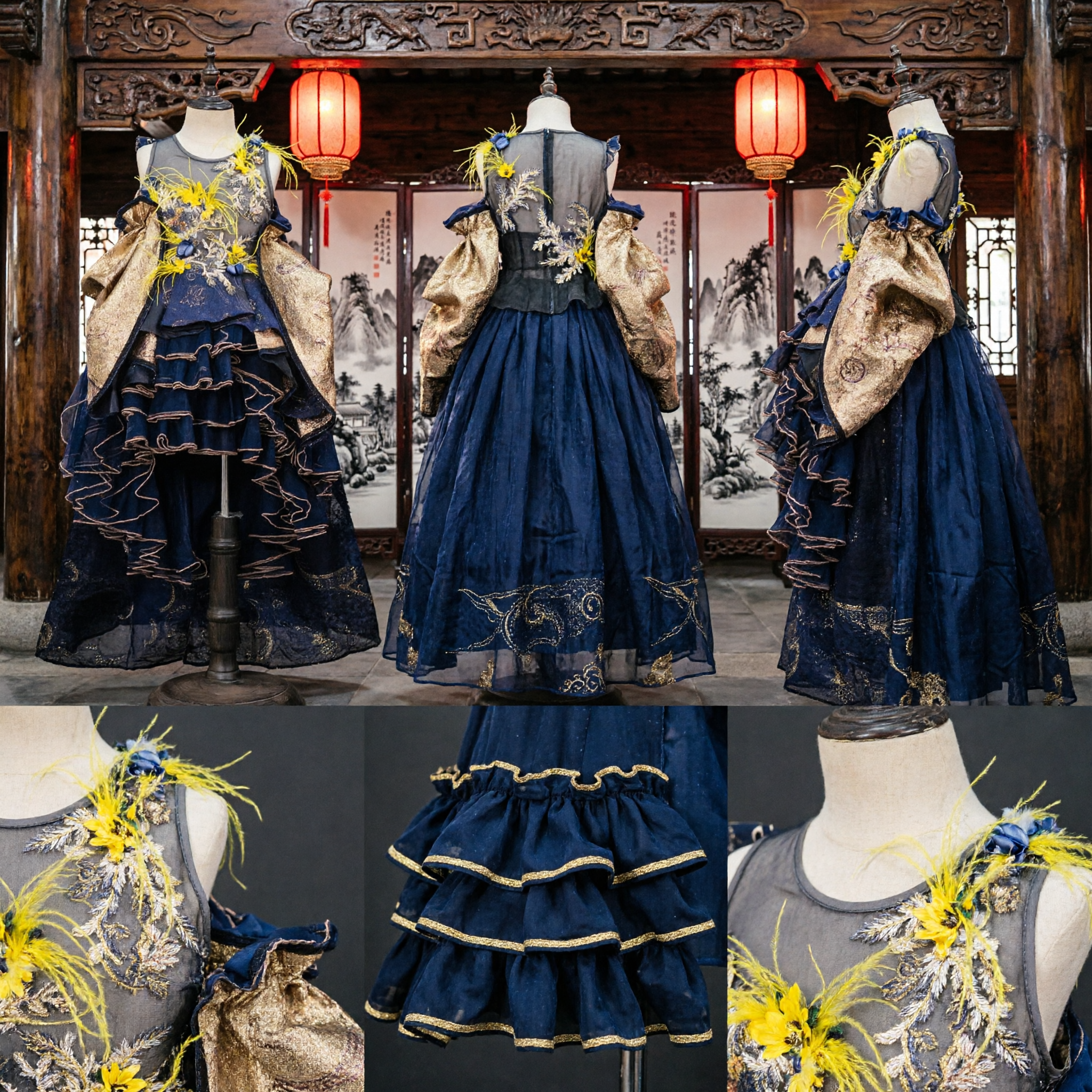 Navy Blue Tiered Gown with Gold Brocade Sleeves and Floral Embroidery for Stage Performance and Formal Events - Asian Costume