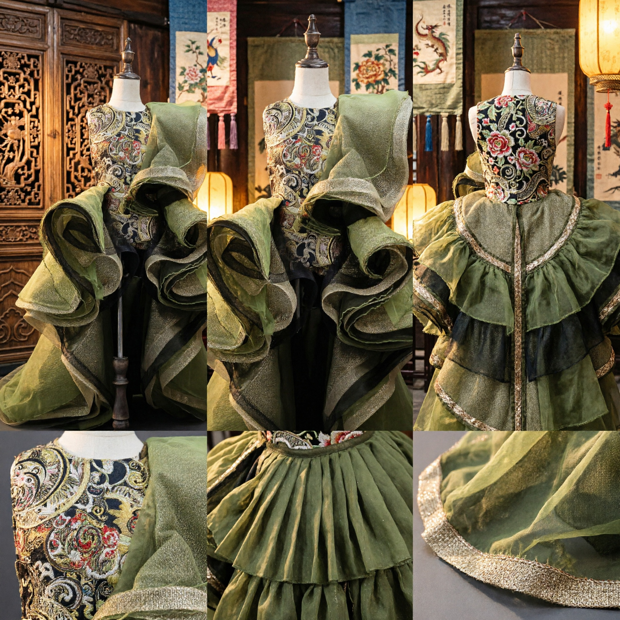 Elegante Olijfgroene Victoriaanse Stijl Geruffle Rok met Gouden Paisley Lijfje voor Vrouwen Podiumoptreden - Asian Costume