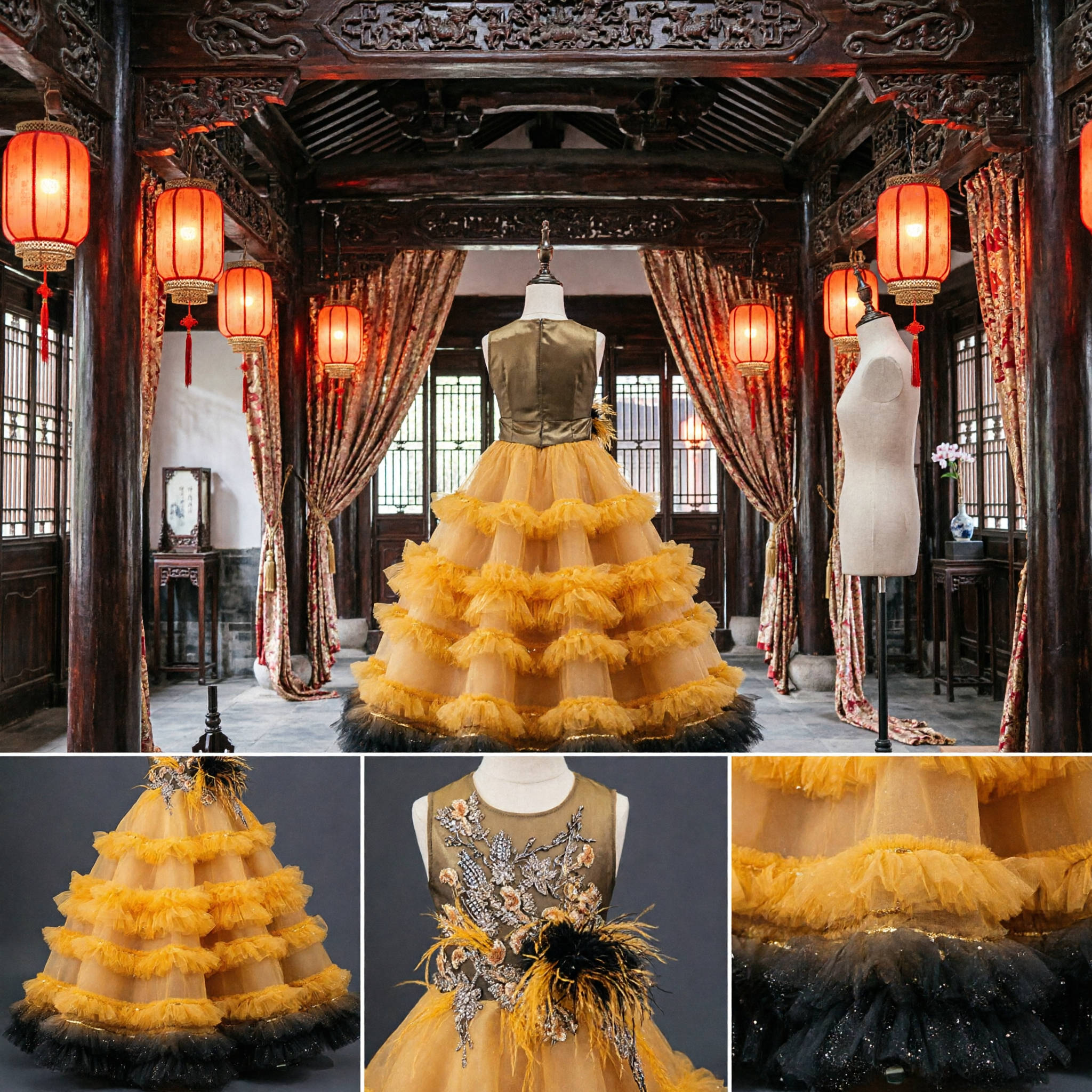 Złota Suknia do Tańca Latynoskiego z Cekinami dla Dziewczynek z Czarnymi Falbankami z Tiulu, Suknia Konkursowa na Występy Sceniczne - Asian Costume