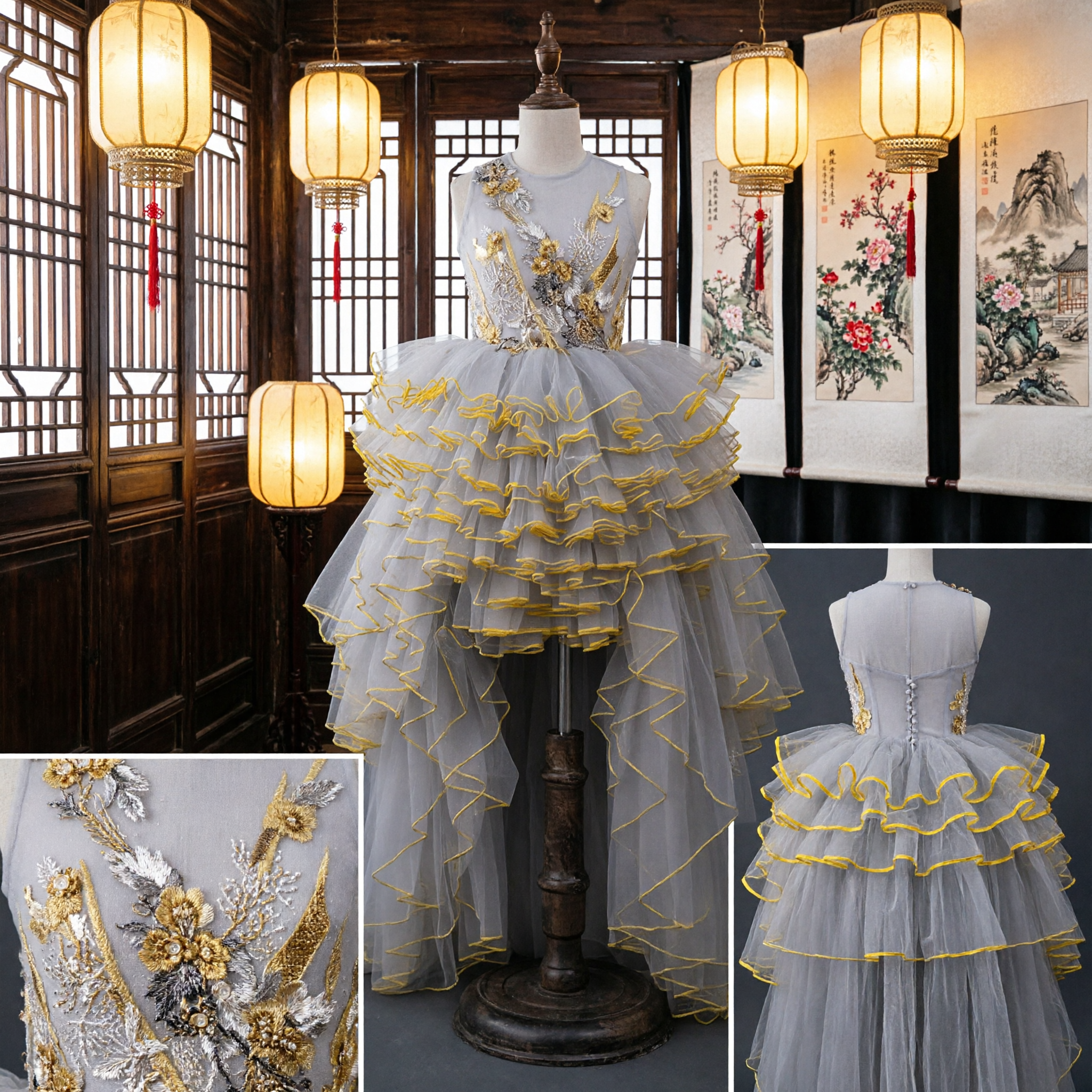 Elegantes graues Tüll-High-Low-Bühnenauftrittskleid für Mädchen mit Goldrüschen und Paillettenstickerei-Mieder - Asian Costume