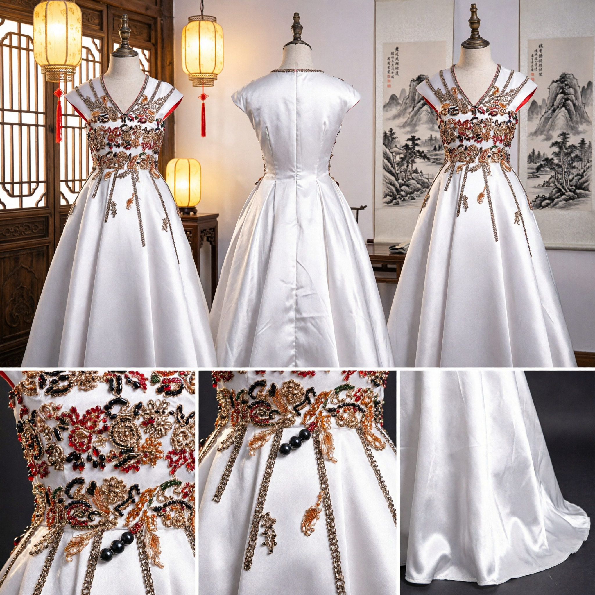 Robe élégante en satin blanc avec broderie chinoise traditionnelle pour enfants, robe de fleuriste formelle pour mariage - Asian Costume