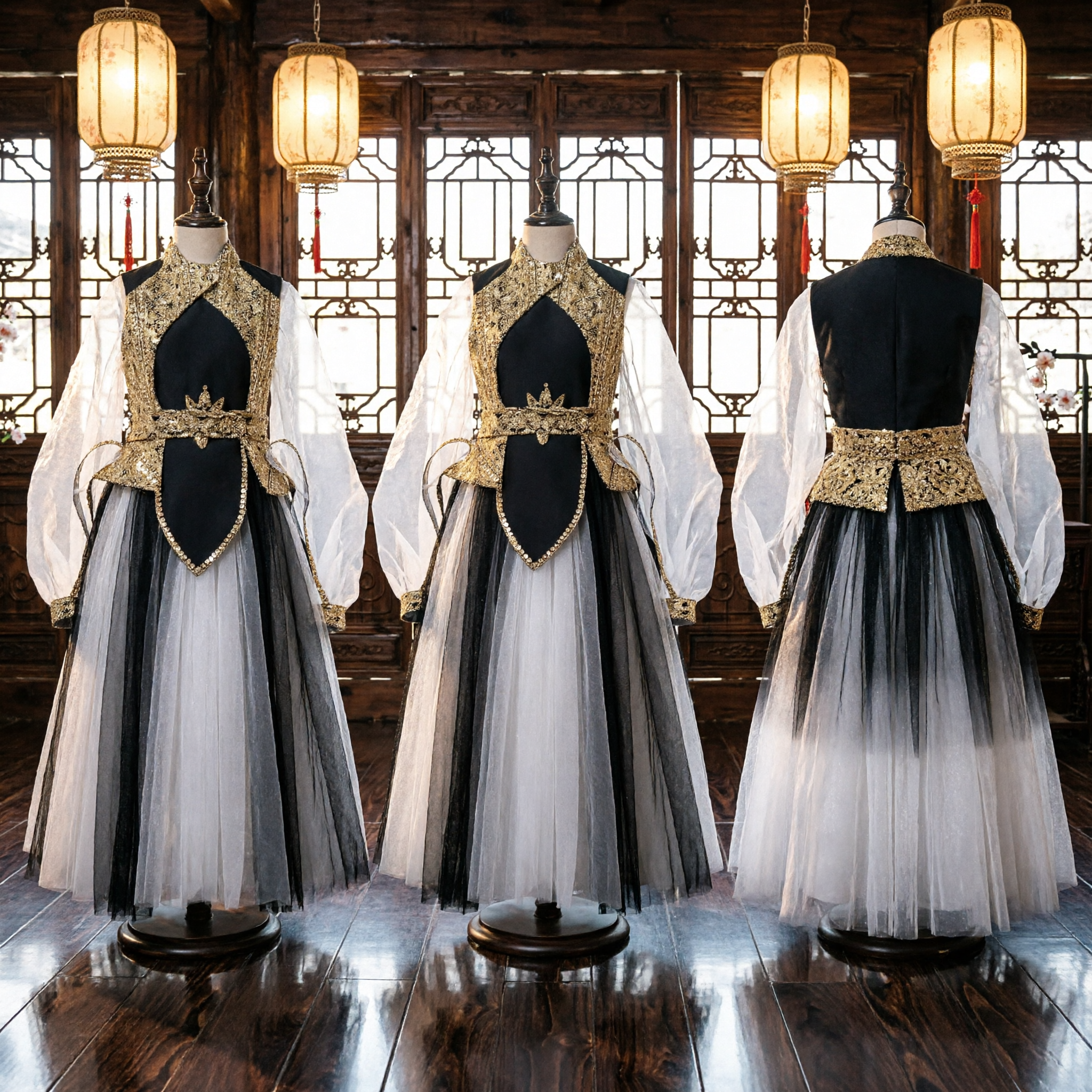 زي هانفو صيني قديم تقليدي أسود وأبيض مع تطريز ذهبي للسيدات للعروض المسرحية - Asian Costume