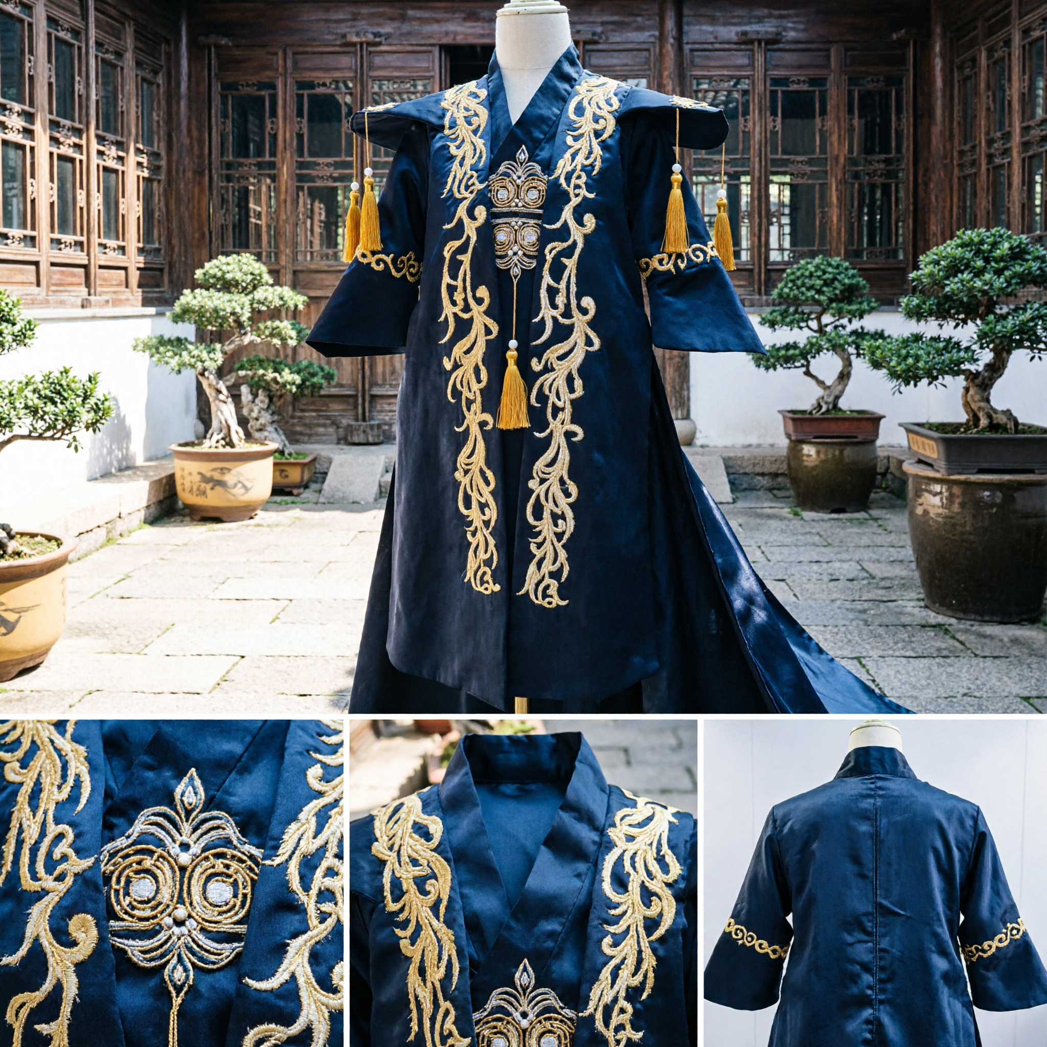 Traje de Imperador Antigo Chinês Tradicional, Robe Hanfu para Homens com Bordado Dourado para Performance no Palco - Asian Costume