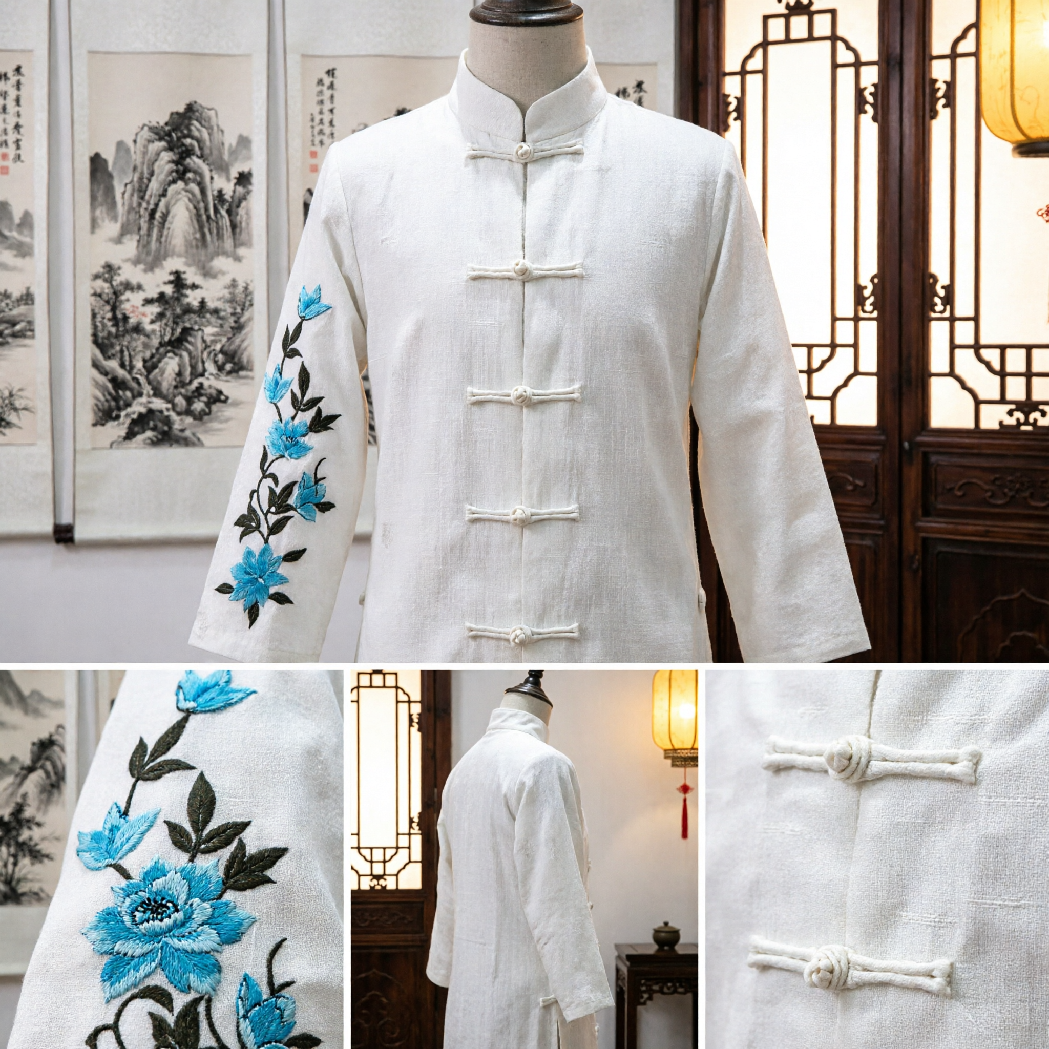 Traje Tang Chinês Branco para Homens, Uniforme de Kung Fu Tradicional Bordado com Gola Mandarim para Prática de Tai Chi - Asian Costume