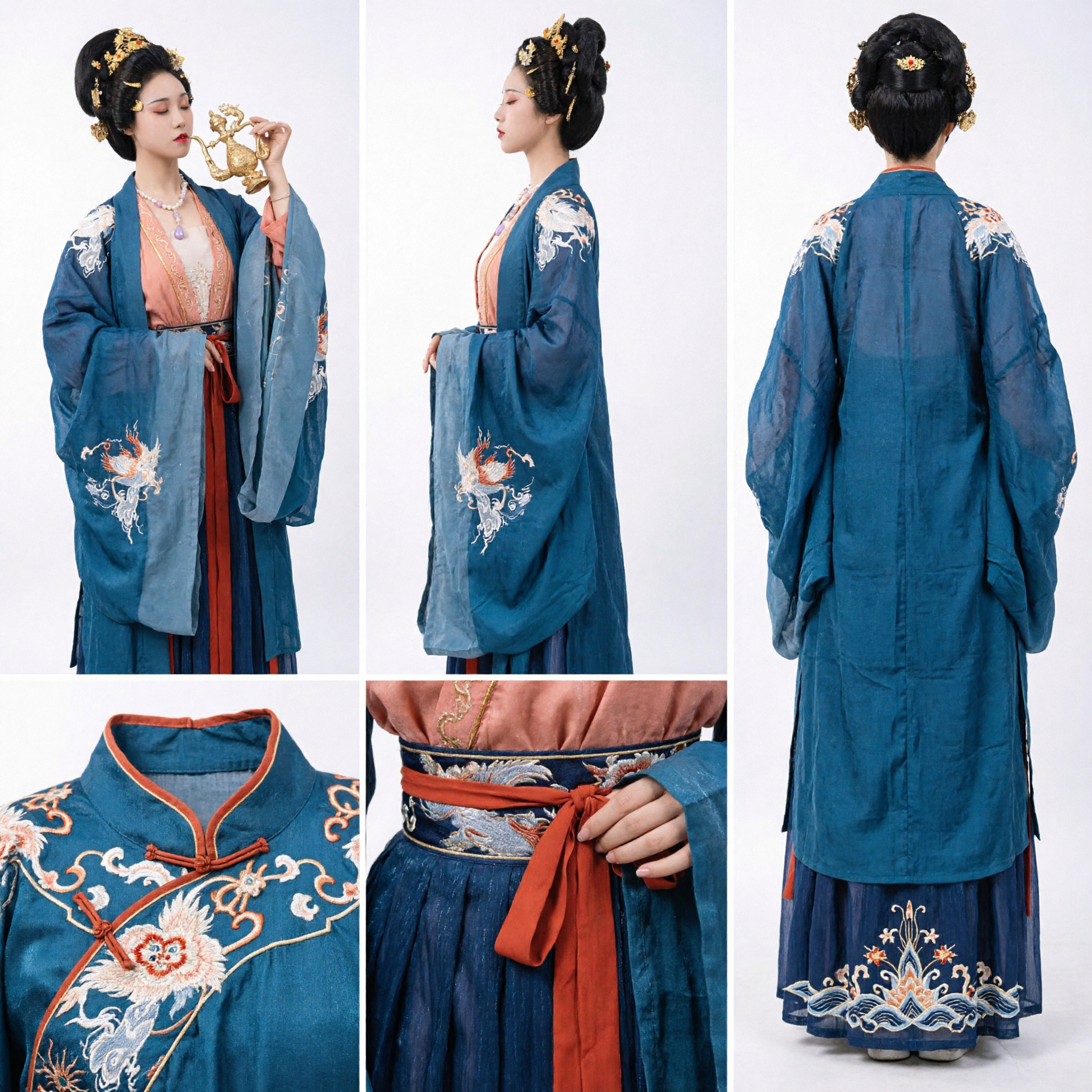 唐王朝宮廷婦人漢服コスチューム 青刺繍ローブ 古代中国伝統ドレス 女性用 - Asian Costume