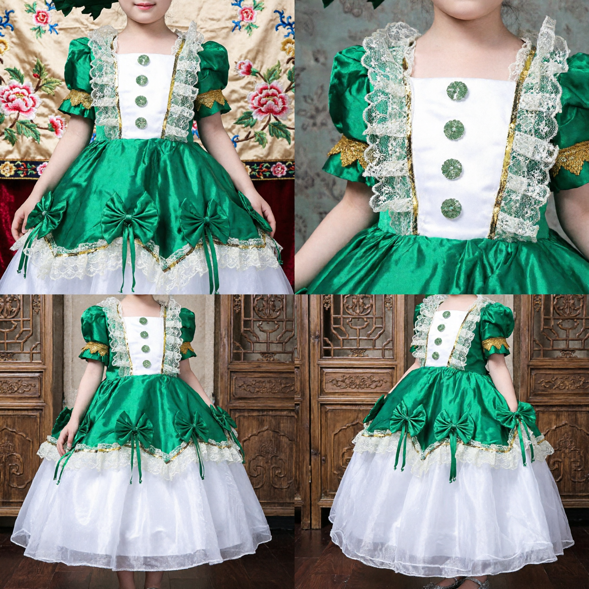 Grünes Barock-Prinzessinnenkostümkleid für Mädchen mit Hut für Bühnenauftritte und Halloween-Cosplay - Asian Costume