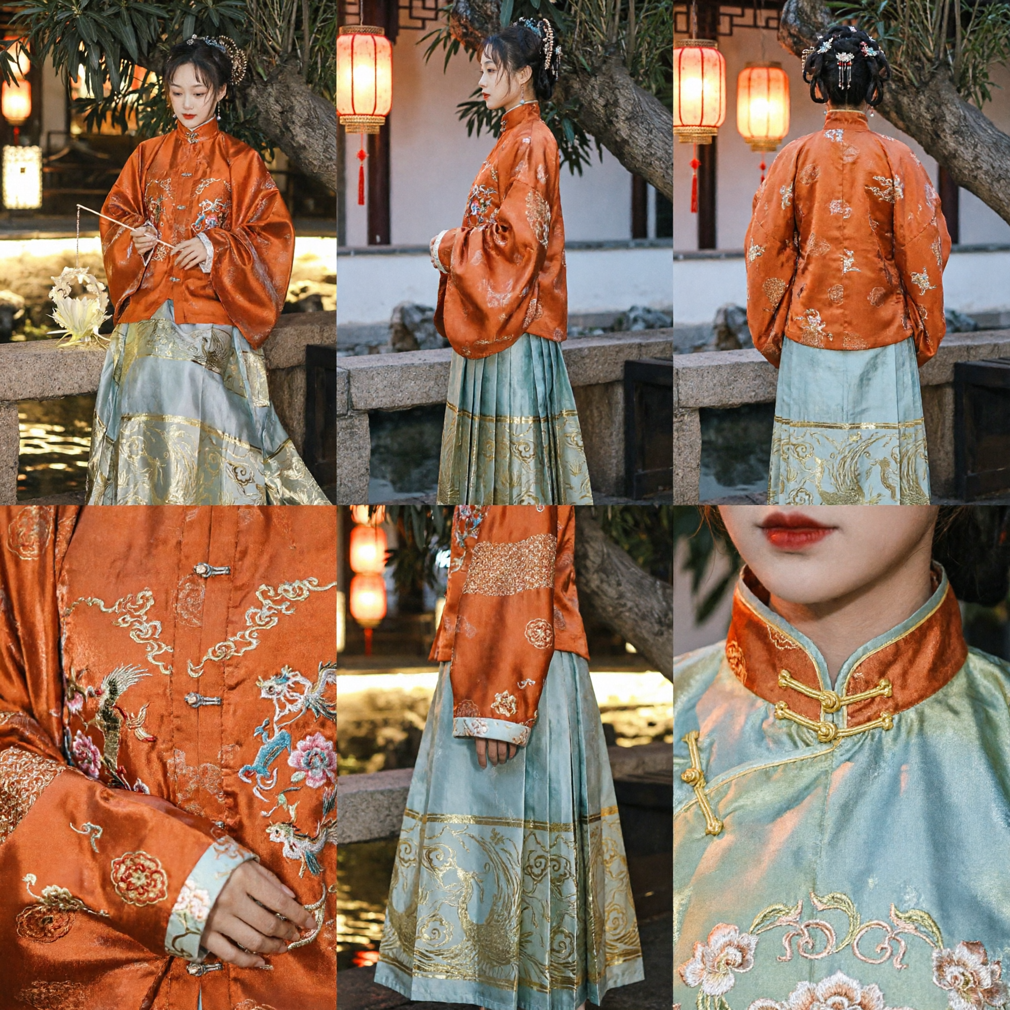 Elegant Ming-dynastie Hanfu Oranje Geborduurd Jasje en Blauw Gouden Patroon Rok Traditionele Chinese Kleding - Asian Costume