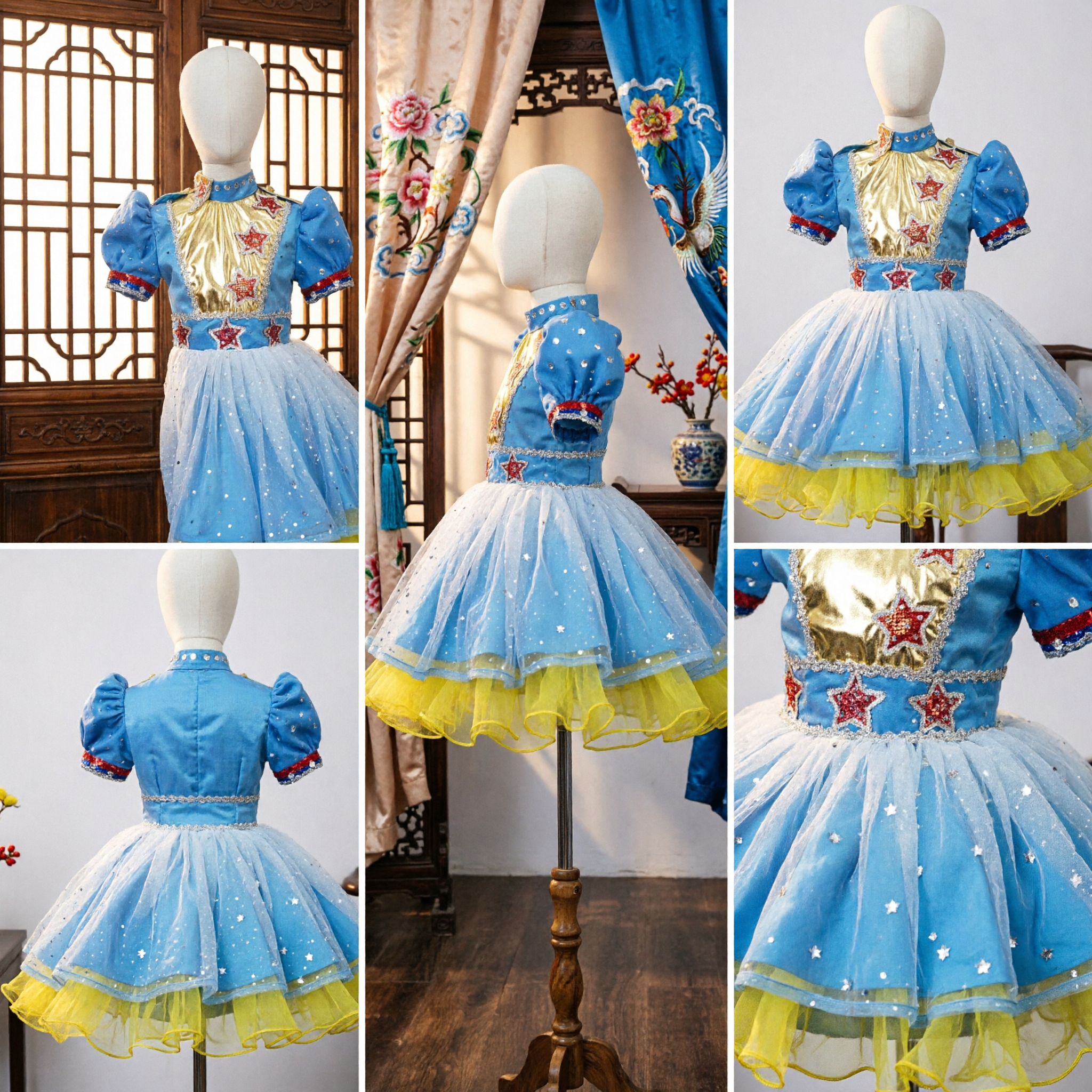Traje Infantil de Danza Folklórica Azul y Dorado con Estrellas de Lentejuelas y Falda de Tul en Capas para Actuación en Escenario - Asian Costume