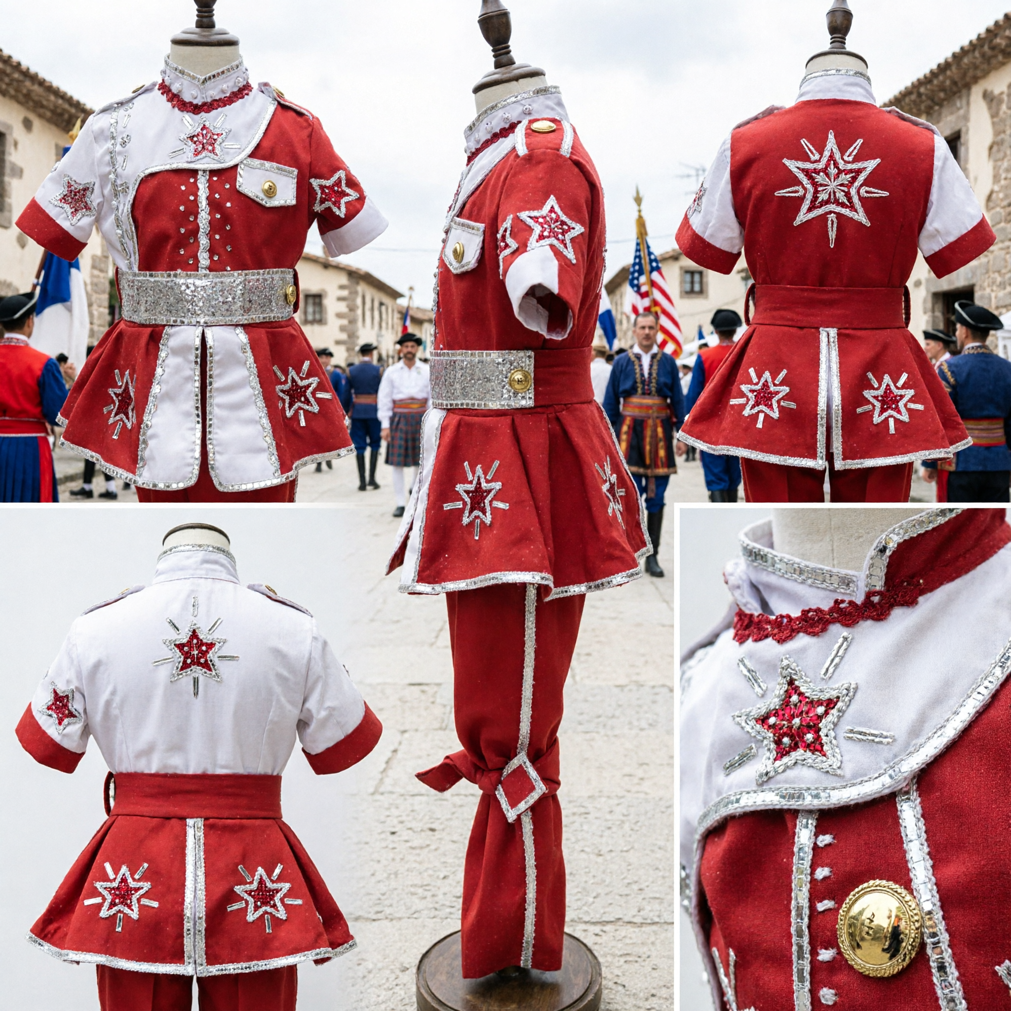 زي قائد الطبل العسكري للأطفال - بذلة بيضاء وحمراء لامعة لفرقة المسيرة والأداء الراقص المسرحي - Asian Costume