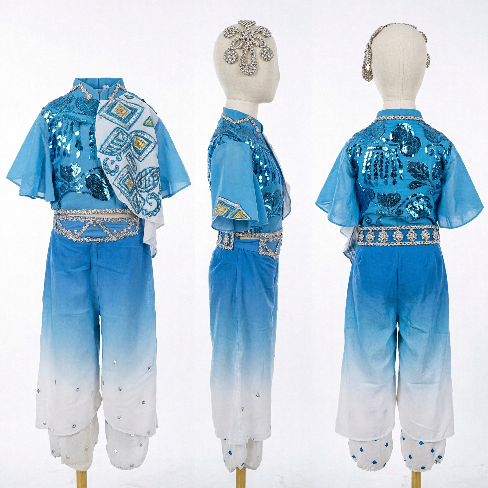 Traje de Dança Tradicional Chinês Azul Gradiente para Homens com Lantejoulas e Acessórios Prateados para Performance no Palco - Asian Costume