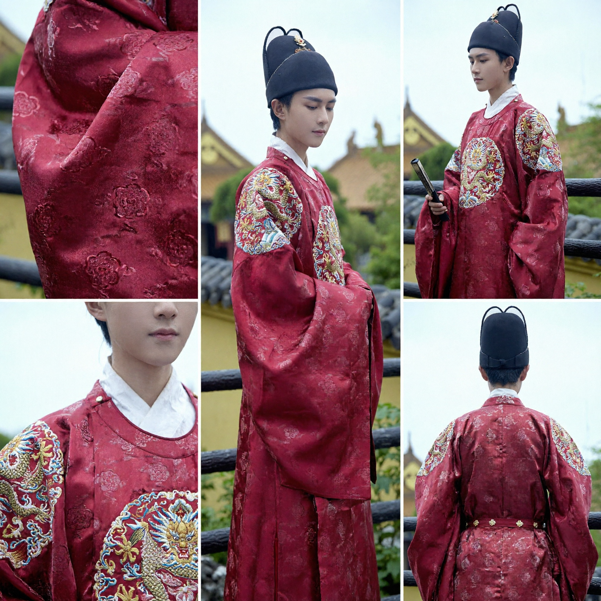 전통 중국 명나라 관복 레드 드래곤 자수 한푸 의상 남성용 모자 포함 - Asian Costume