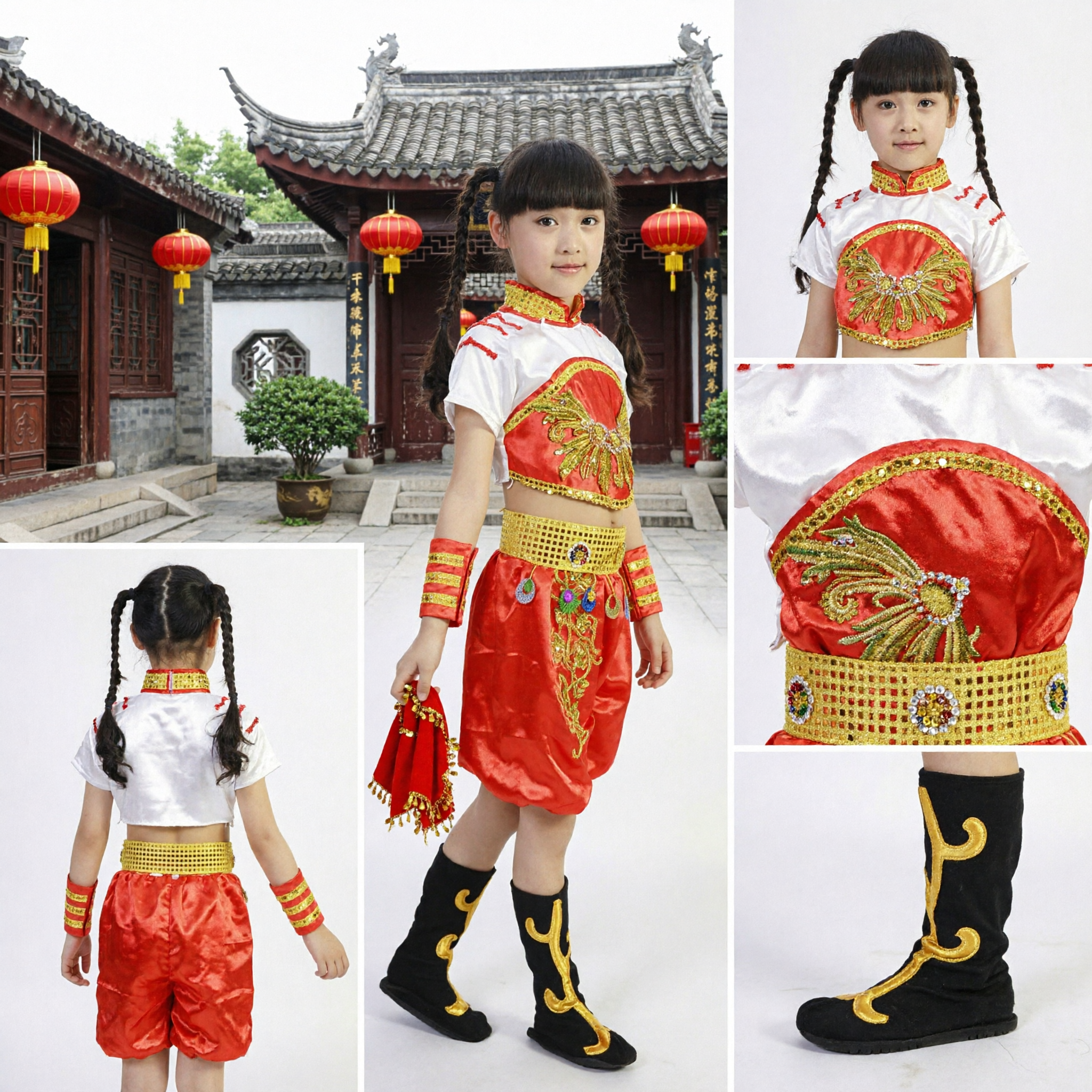 Costume da Danza Popolare Tradizionale Cinese per Ragazze Bambini Abito da Spettacolo Etnico Rosso e Oro - Asian Costume