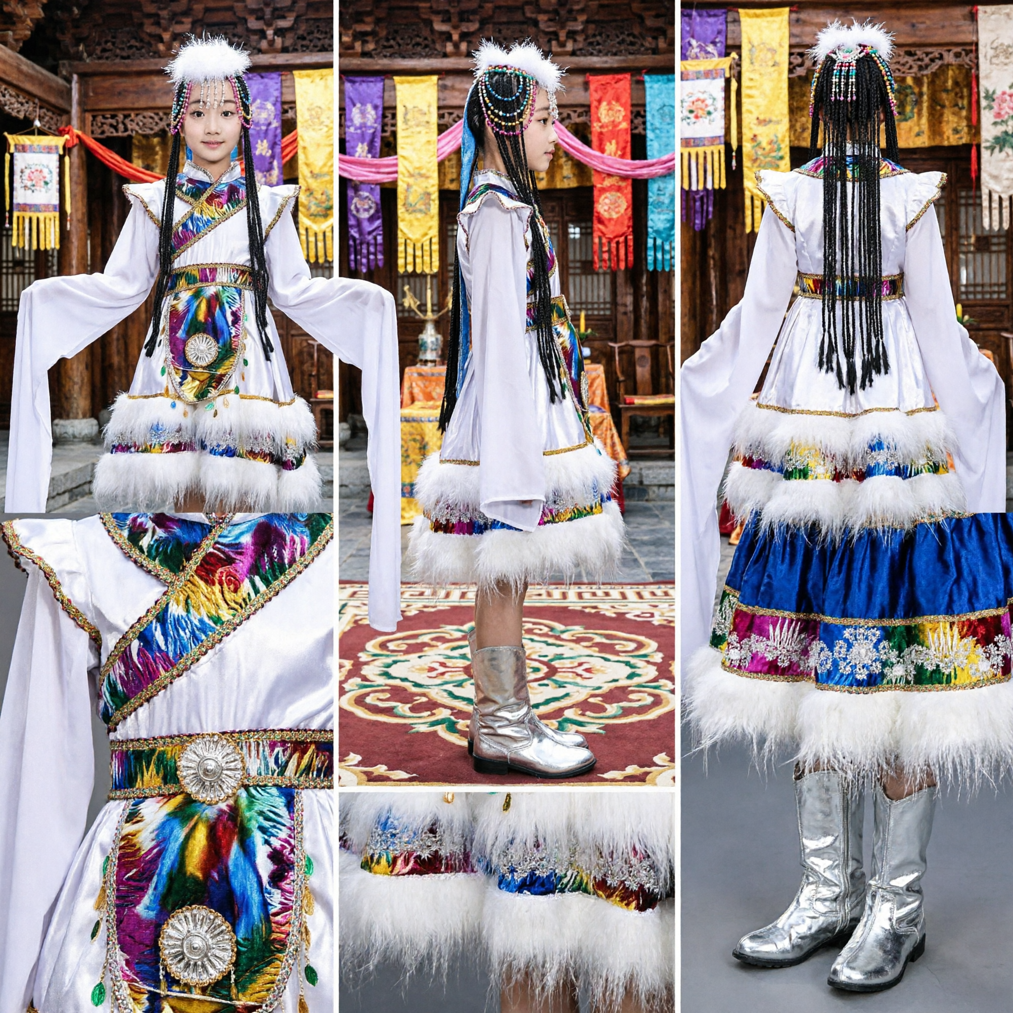Tibetisches Volkstanzkostüm für Mädchen, traditionelles chinesisches ethnisches Bühnenkleid mit Pelzbesatz - Asian Costume
