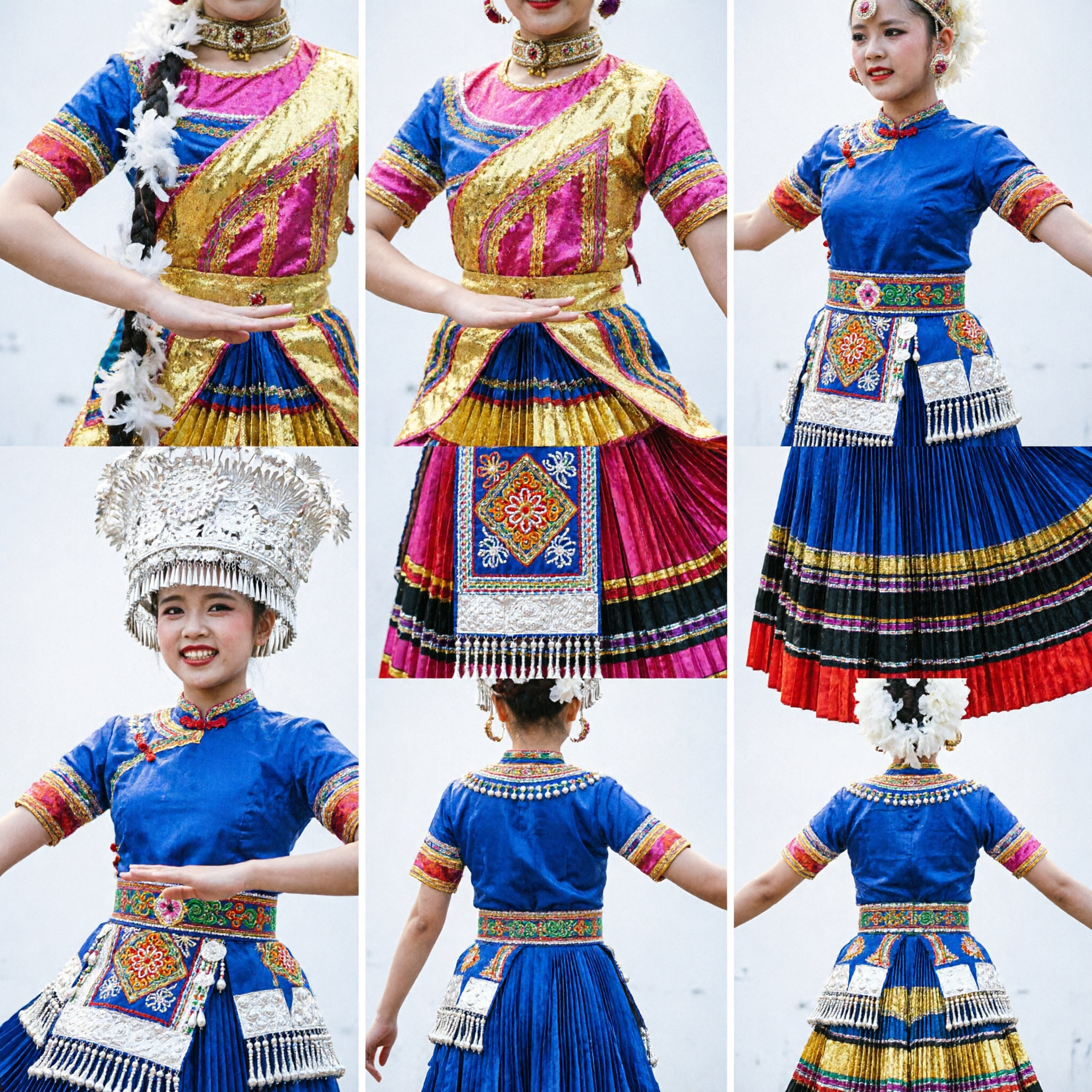 زي الرقصة العرقية الصينية التقليدي النابض بالحياة للنساء مع غطاء رأس مزهر لعروض المسرح الشعبي - Asian Costume