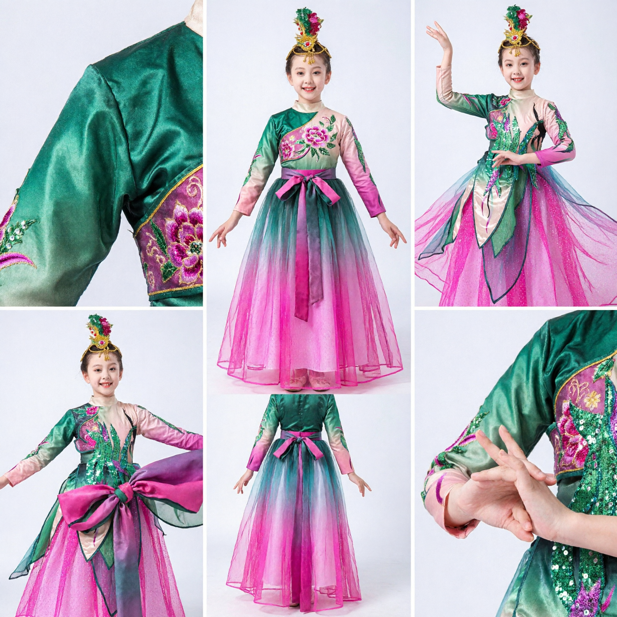 Chinesisches traditionelles Dunhuang-Tanzkostüm für Mädchen, Pfauen-Feenkleid, Kinder-Bühnenauftritts-Outfit - Asian Costume