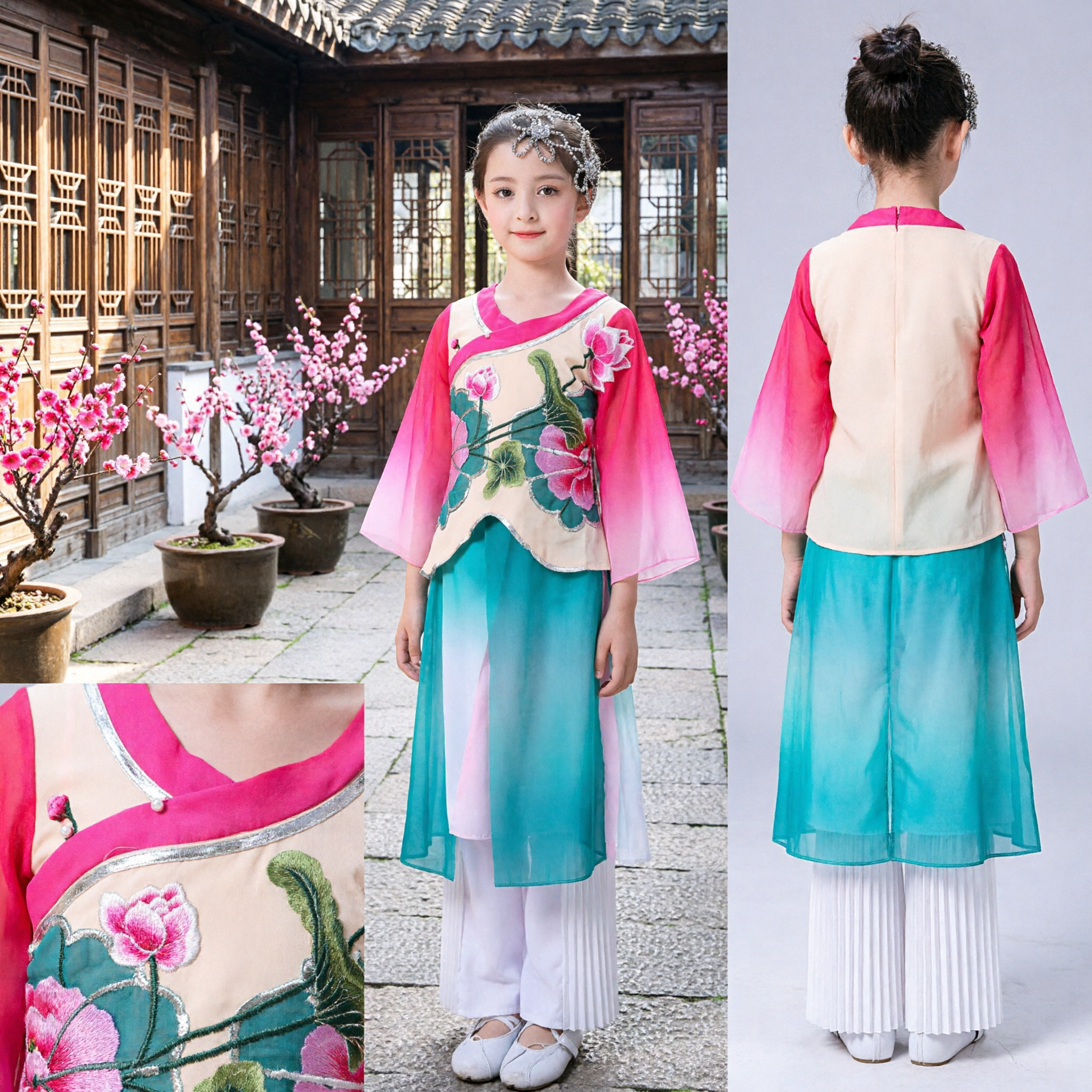 Costume da danza classica tradizionale cinese per bambine, abito da spettacolo per bambini con stampa di loto, completo folk - Asian Costume
