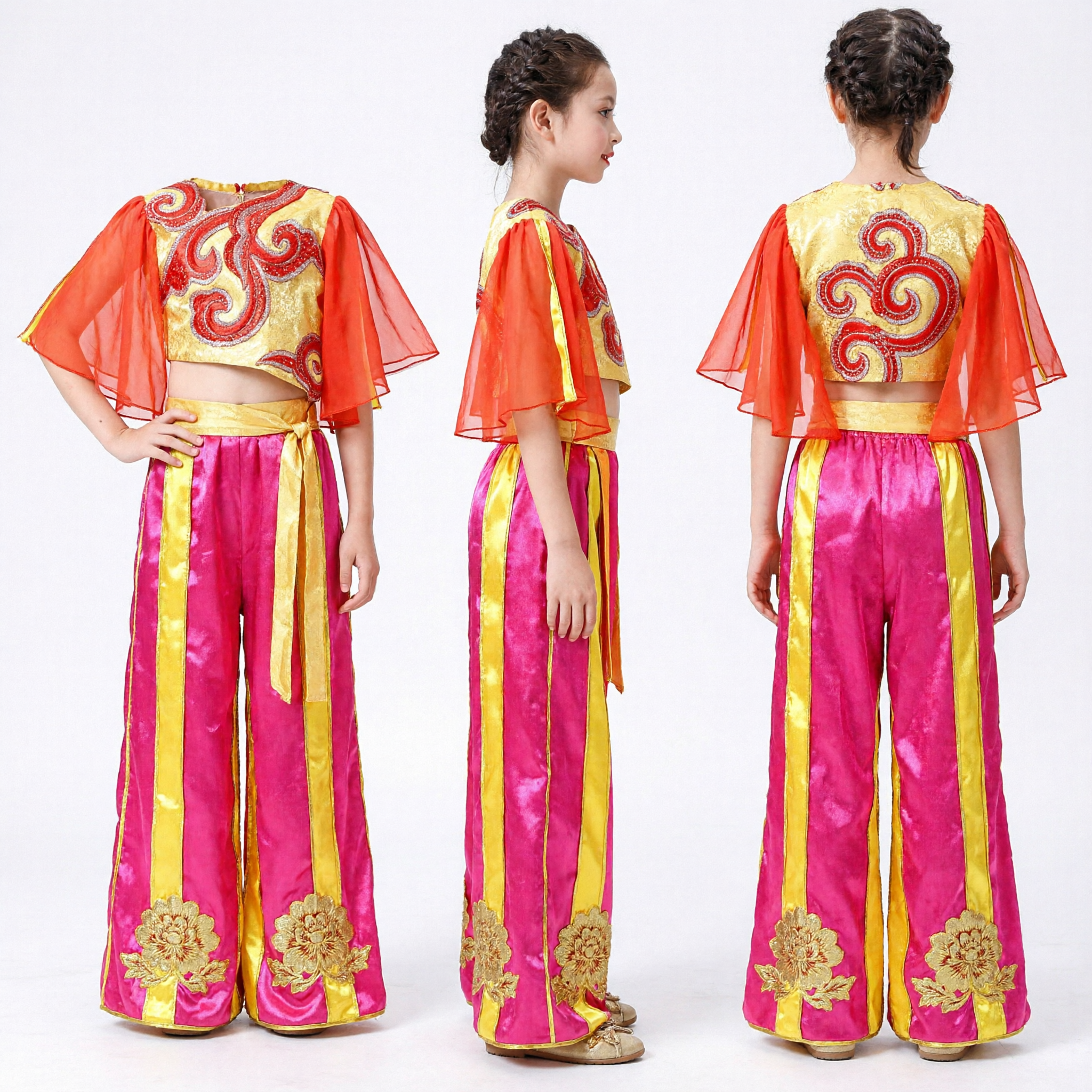 Kinderen Chinese Traditionele Volksdanskostuum Rood en Goud Yangge Optreden Outfit voor Meisjes Podiumshow - Asian Costume