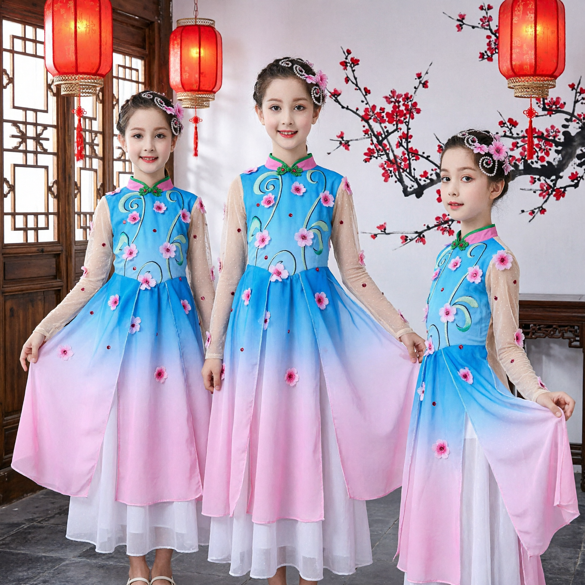 Kinderen Chinese Klassieke Danskostuum Meisjes Blauwe Bloemen Watermouwjurk voor Podiumoptreden - Asian Costume