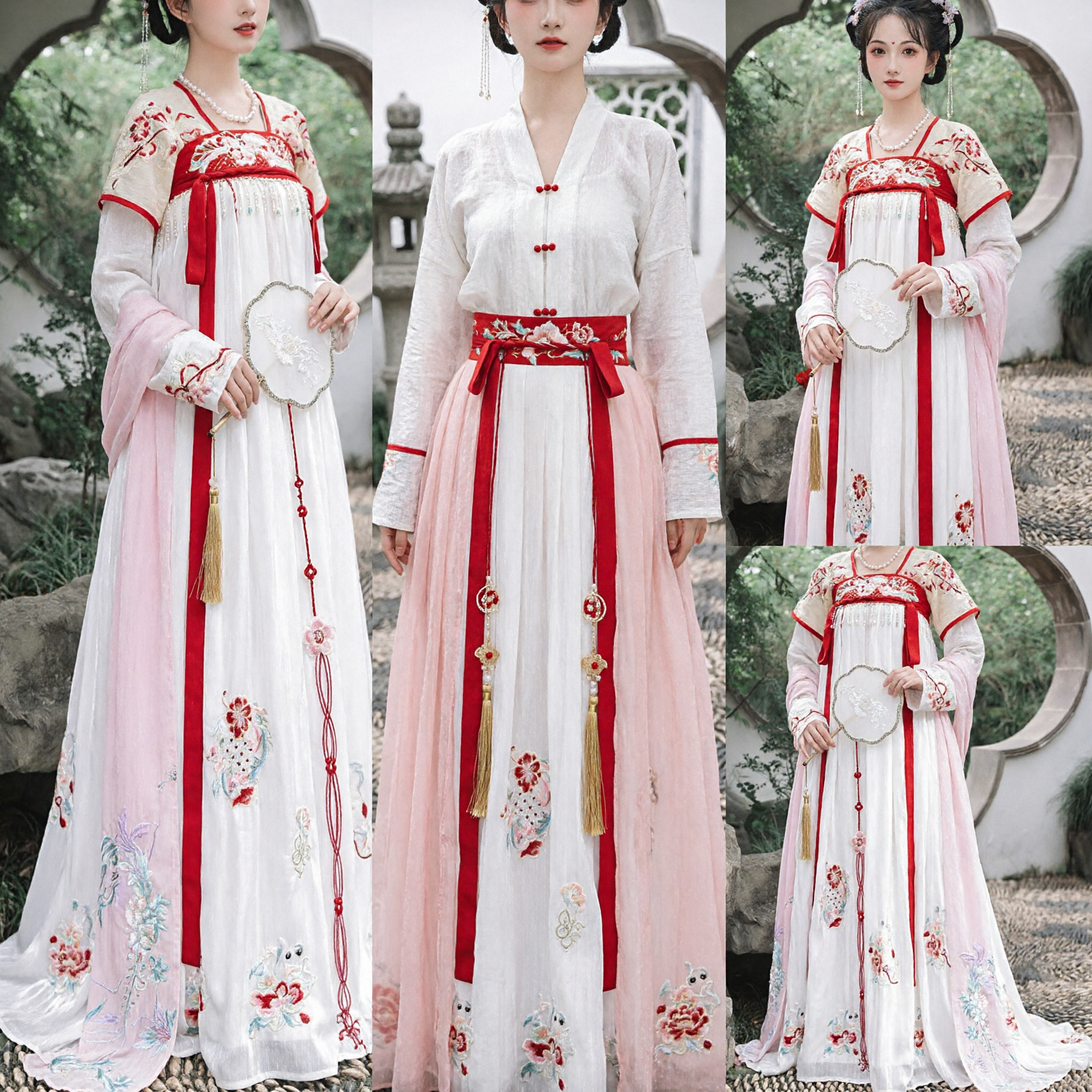 우아한 전통 중국 당나라 한푸 드레스 흰색과 분홍색 자수 고대 의상 여성용 - Asian Costume