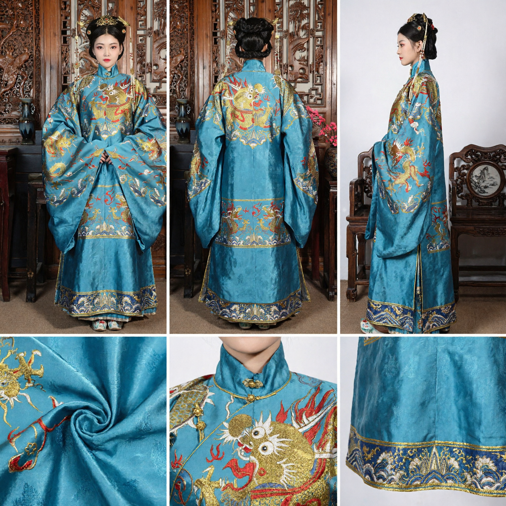 Túnica de Dragón Azul de Emperatriz de la Dinastía Qing China Antigua, Traje Tradicional de Dama del Palacio para Actuaciones de Mujeres - Asian Costume