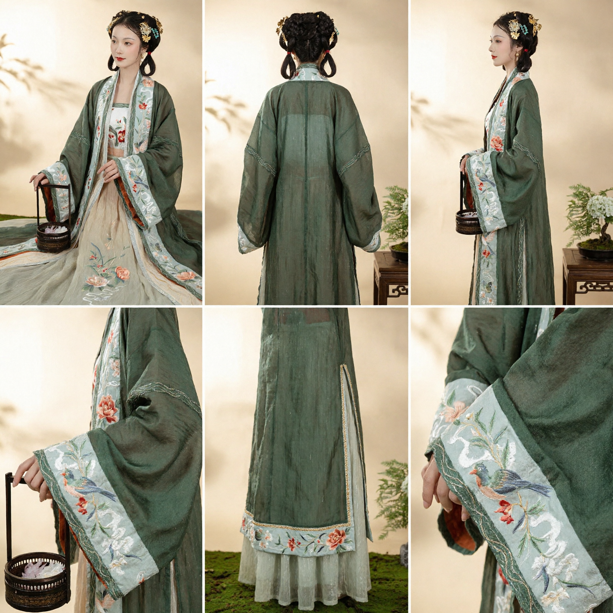 Elegante Costume Tradizionale Cinese Hanfu in Stile Dinastia Song Verde Set Ricamato Floreale per Donne per Fotografia ed Eventi - Asian Costume
