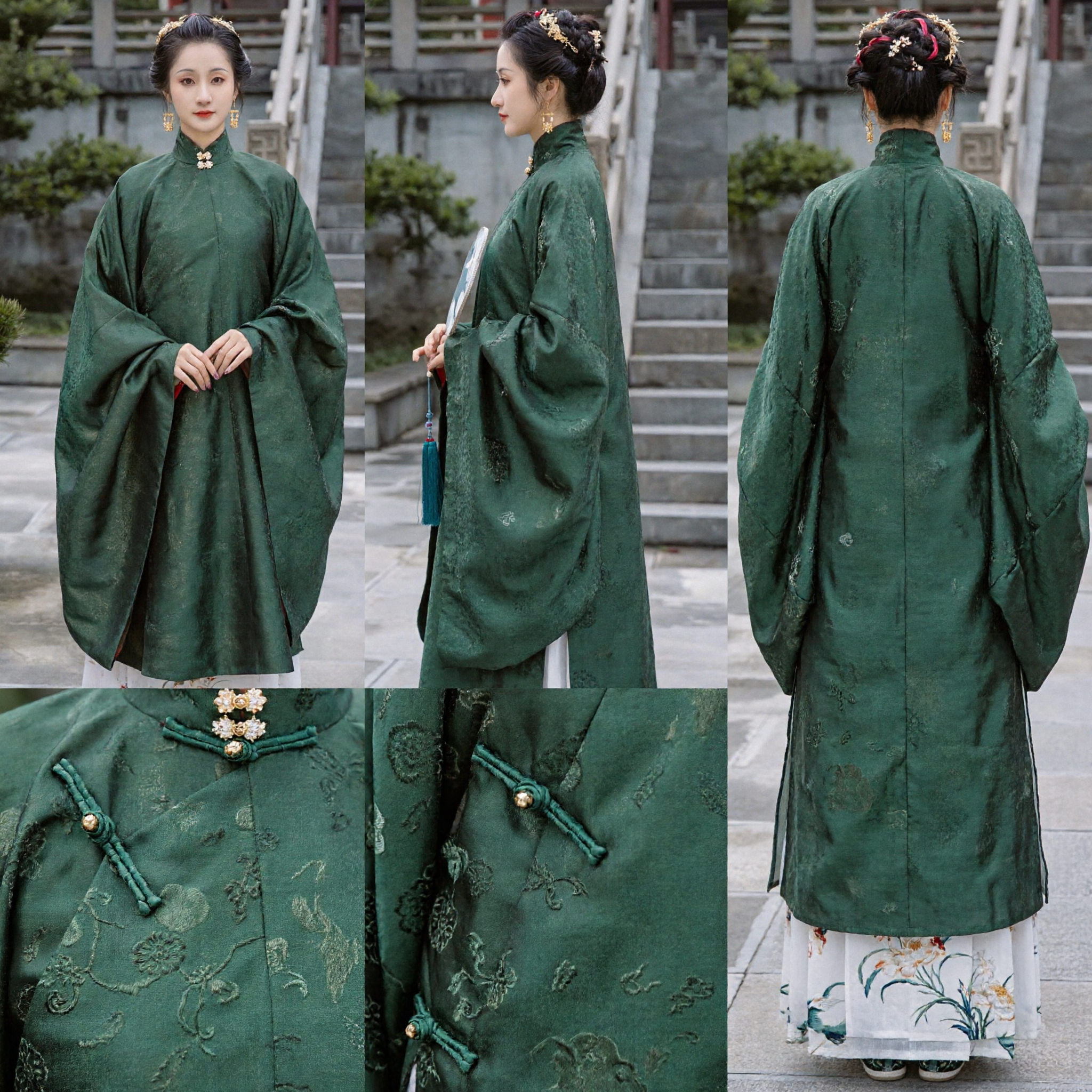 Traditionelles chinesisches Ming-Dynastie Hanfu Grüner Stehkragen Weitärmeliger Robe Antikes Kostüm für Frauen - Asian Costume