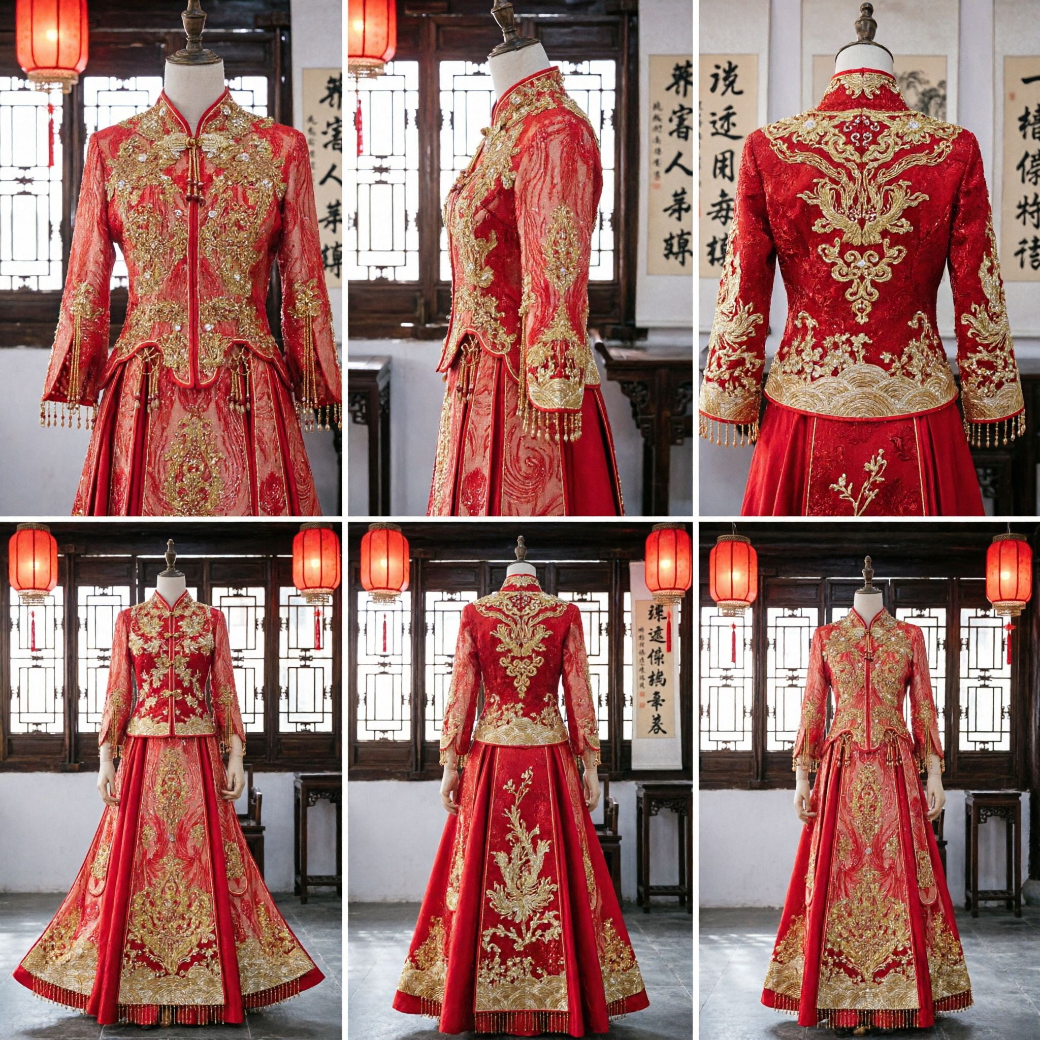 Robe de mariage chinoise rouge de luxe - Robe de mariée traditionnelle à broderie dorée Xiu He Fu à manches longues - Asian Costume