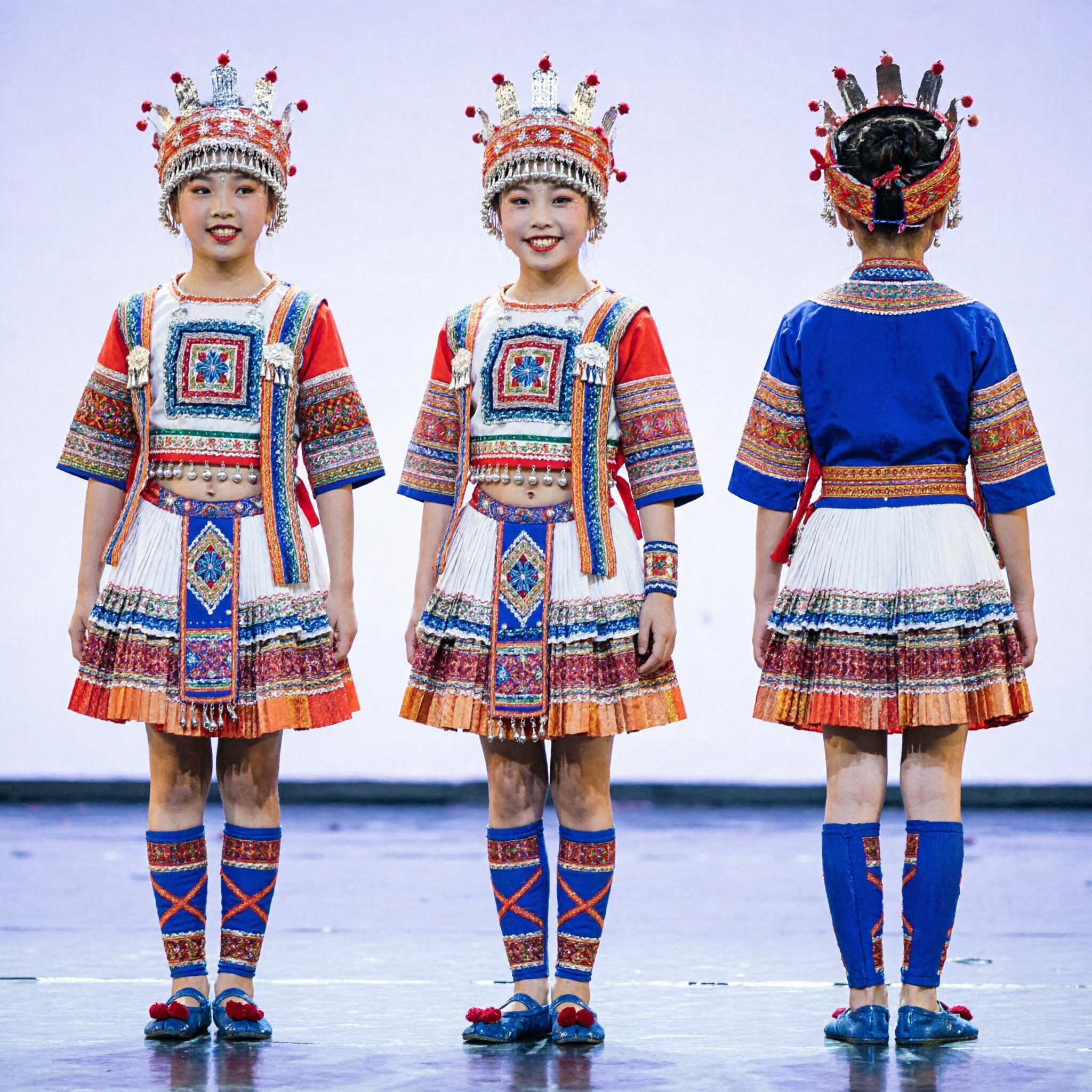 Traje Tradicional de Danza de la Minoría Étnica Miao para Niñas Conjunto de Vestido Folclórico para Presentaciones en Escenario - Asian Costume