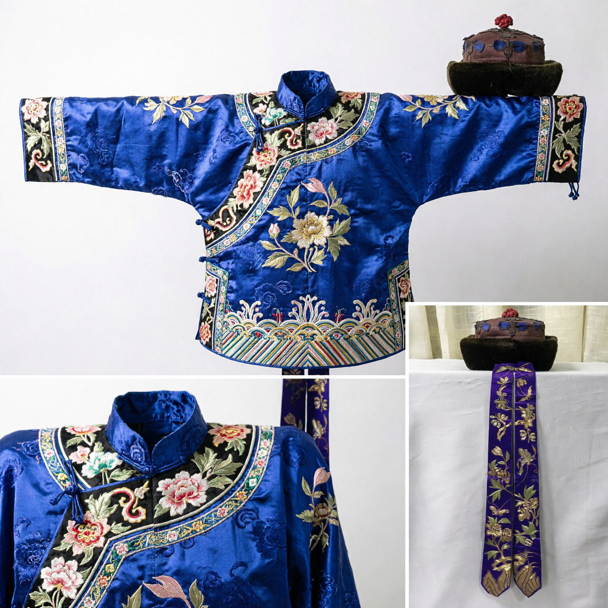 Chapéu de Inverno da Dinastia Qing Tradicional Chinês com Borda de Pele e Fitas Bordadas para Traje Histórico Masculino e Performance - Asian Costume