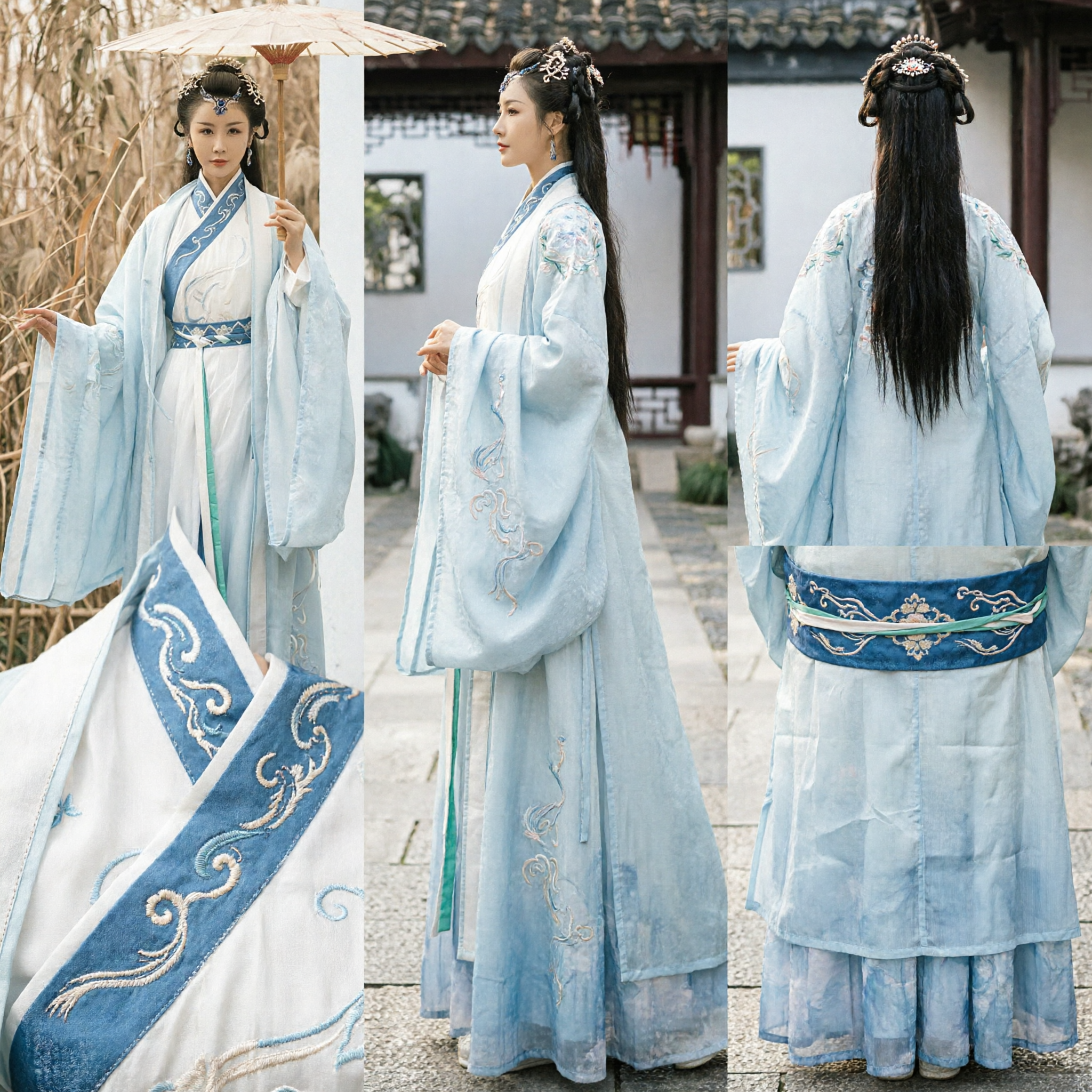 Traje Hanfu Azul e Branco Antigo Chinês para Mulheres, Vestido de Fada da Dinastia Tang Tradicional, Traje Bordado para Cosplay - Asian Costume